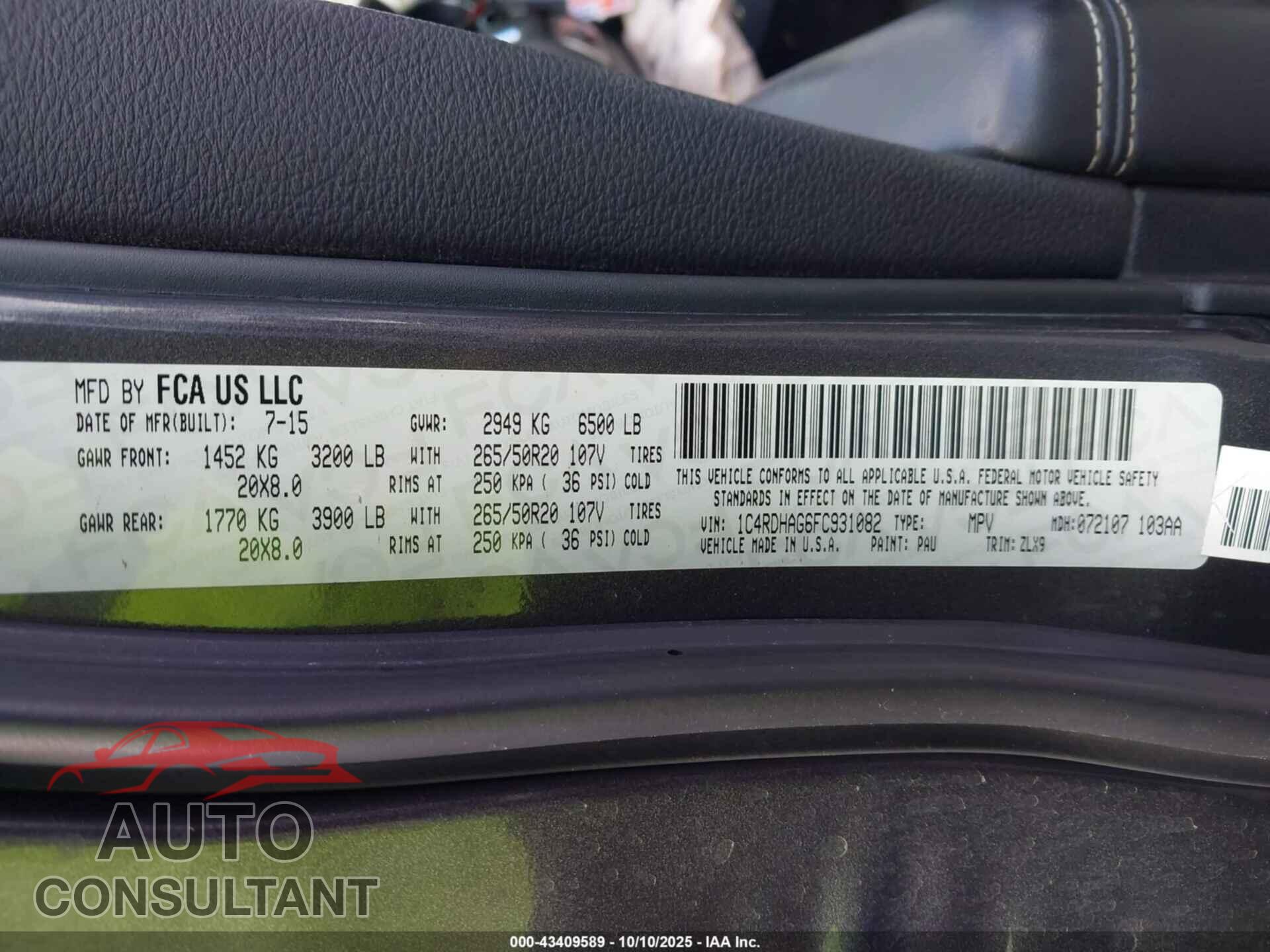 DODGE DURANGO 2015 - 1C4RDHAG6FC931082