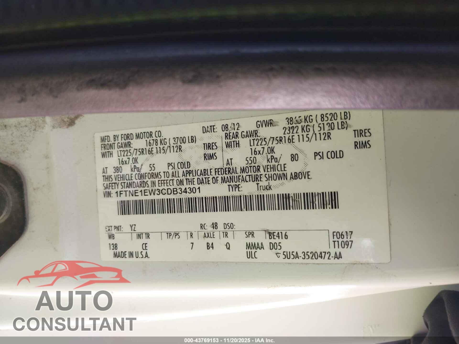 FORD E-150 2012 - 1FTNE1EW3CDB34301