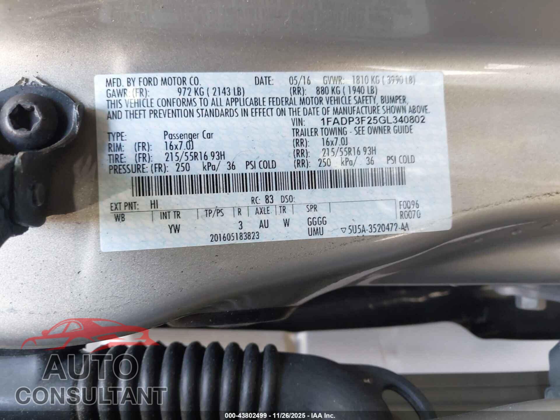 FORD FOCUS 2016 - 1FADP3F25GL340802