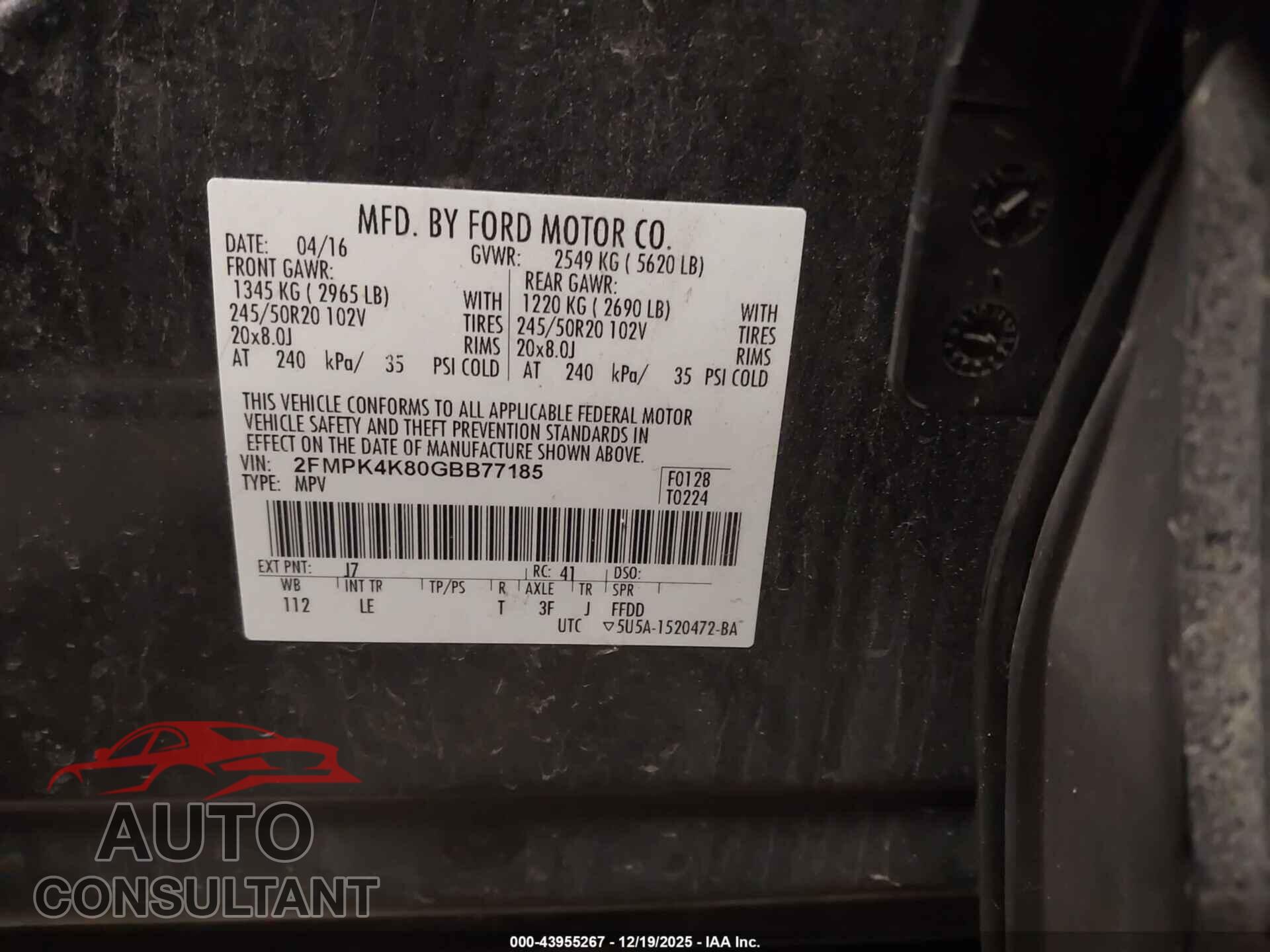 FORD EDGE 2016 - 2FMPK4K80GBB77185