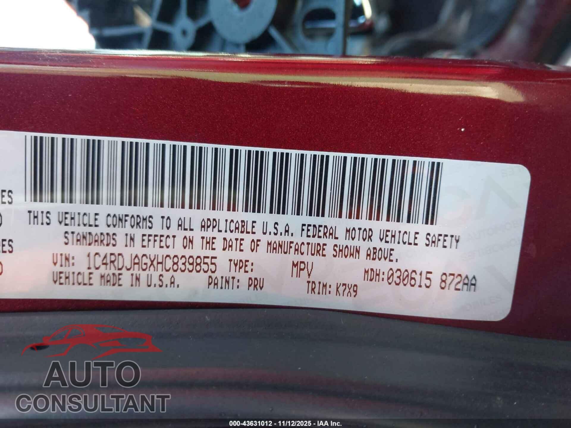 DODGE DURANGO 2017 - 1C4RDJAGXHC839855