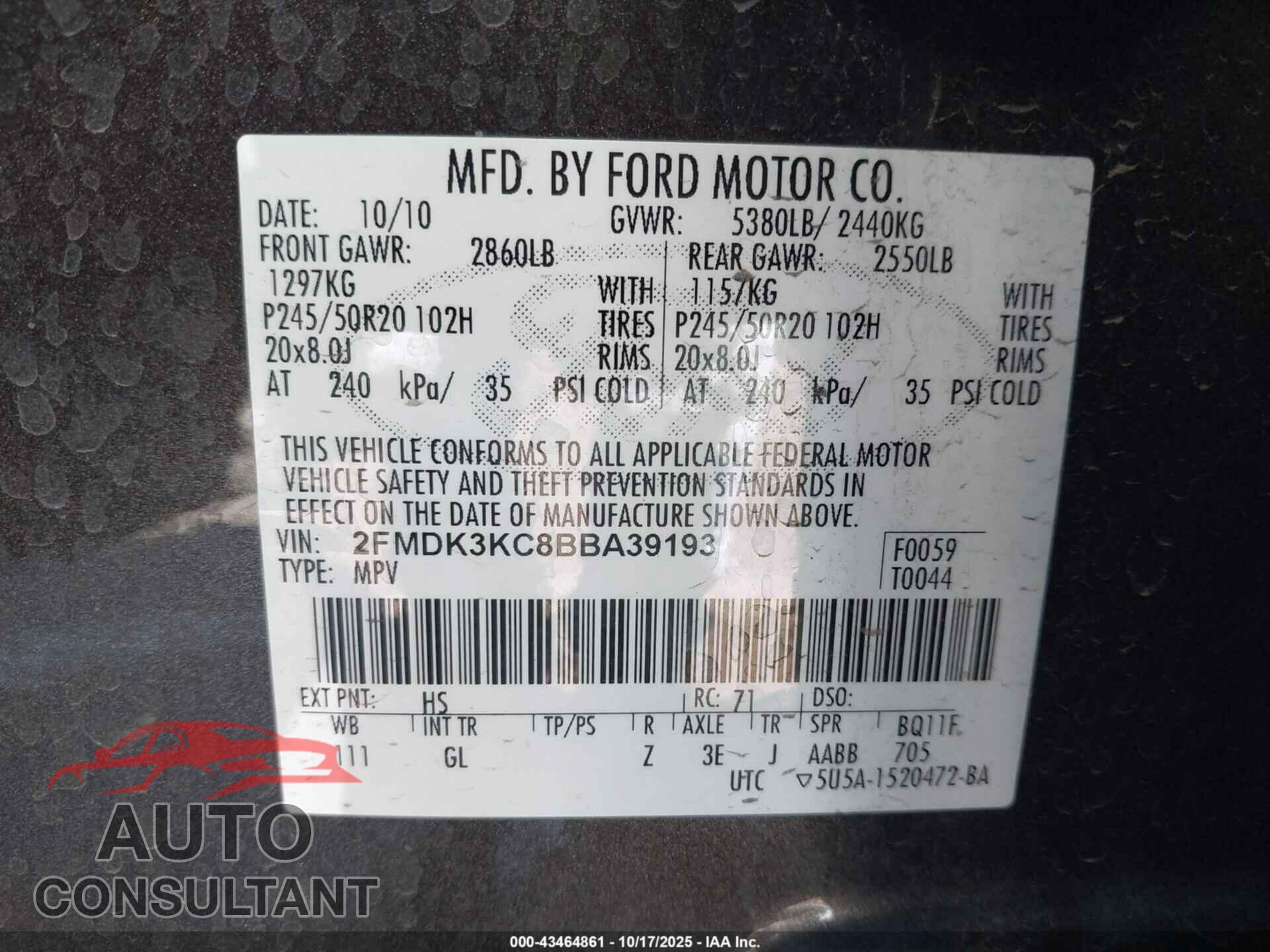 FORD EDGE 2011 - 2FMDK3KC8BBA39193