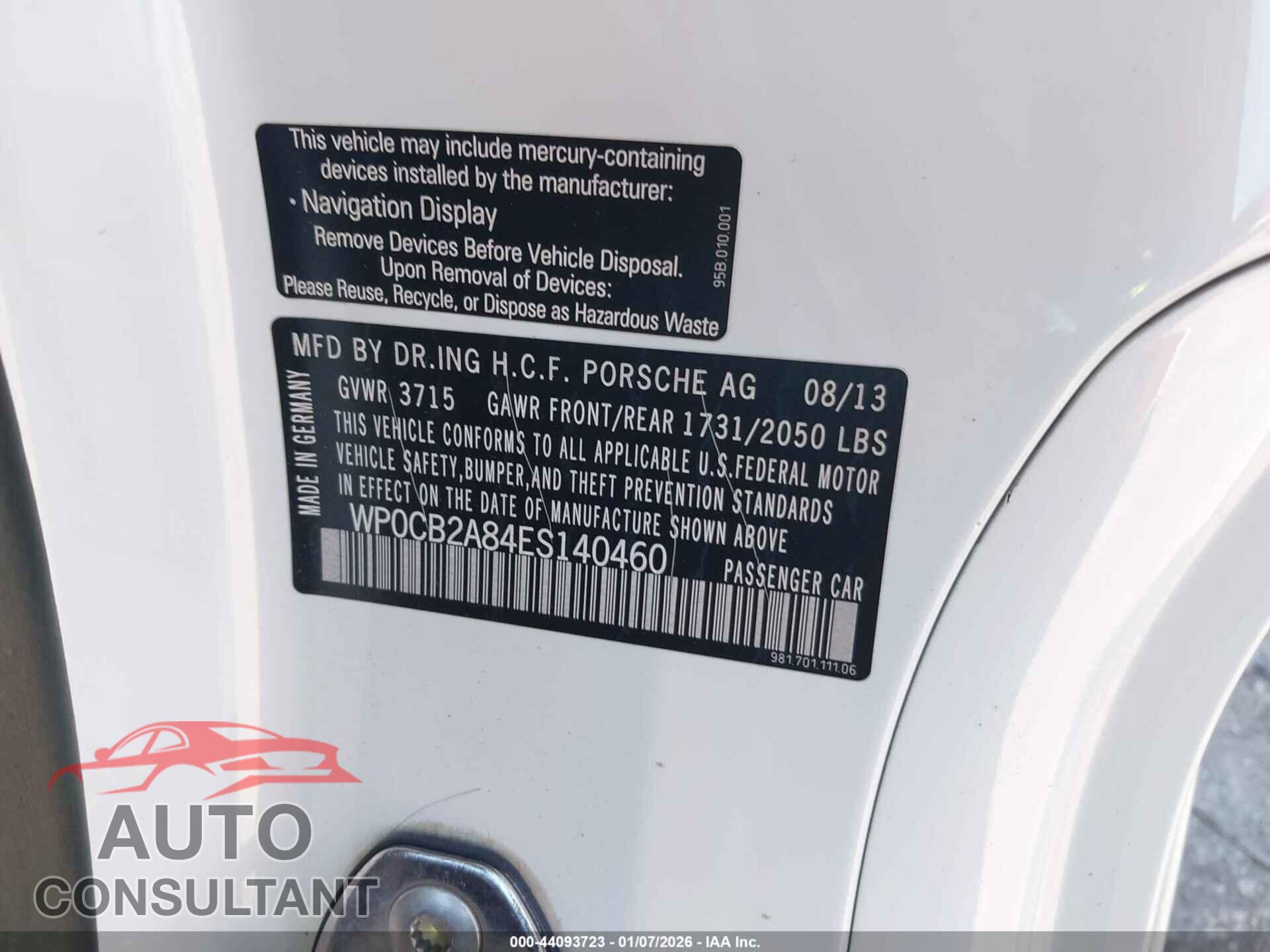 PORSCHE BOXSTER 2014 - WP0CB2A84ES140460