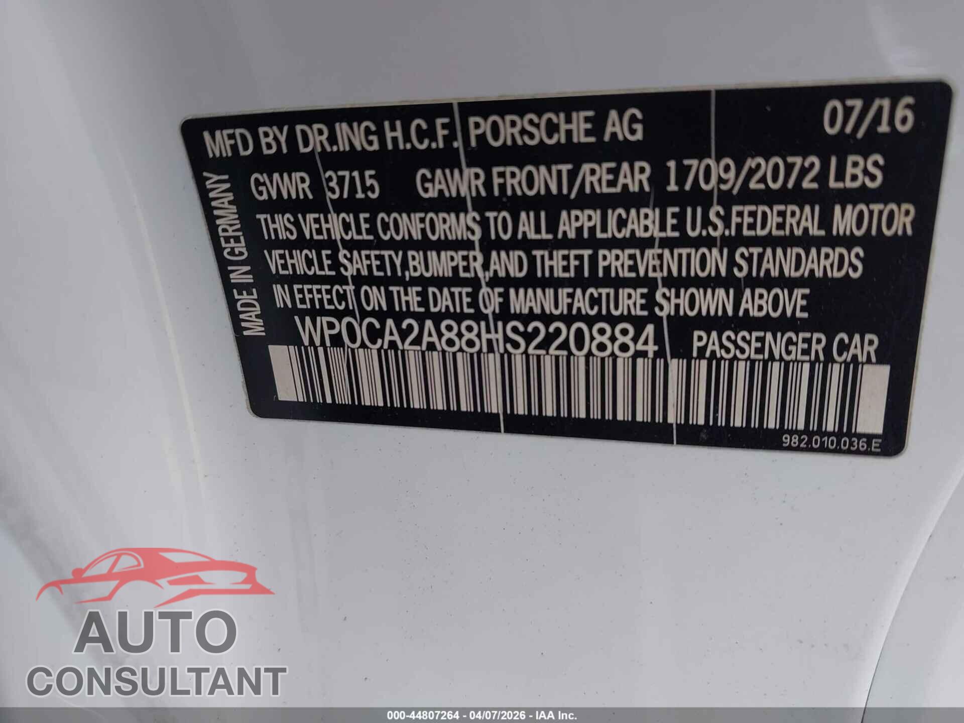 PORSCHE 718 BOXSTER 2017 - WP0CA2A88HS220884
