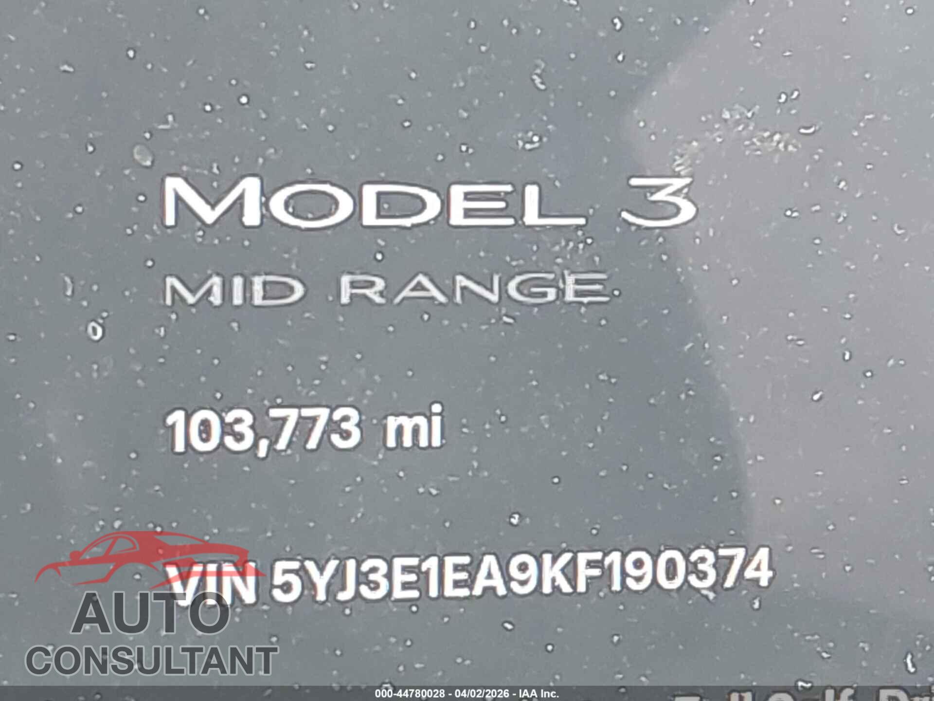 TESLA MODEL 3 2019 - 5YJ3E1EA9KF190374