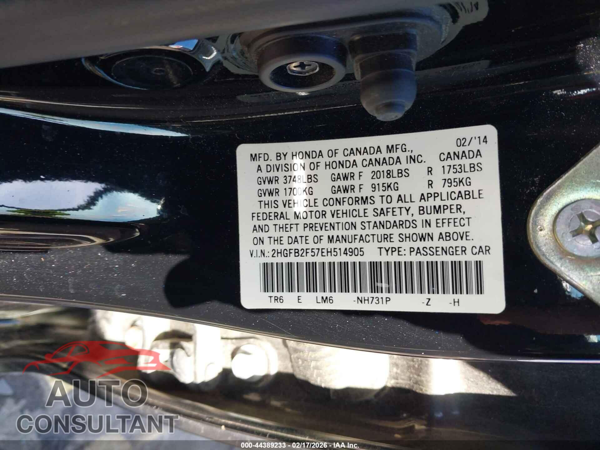 HONDA CIVIC 2014 - 2HGFB2F57EH514905