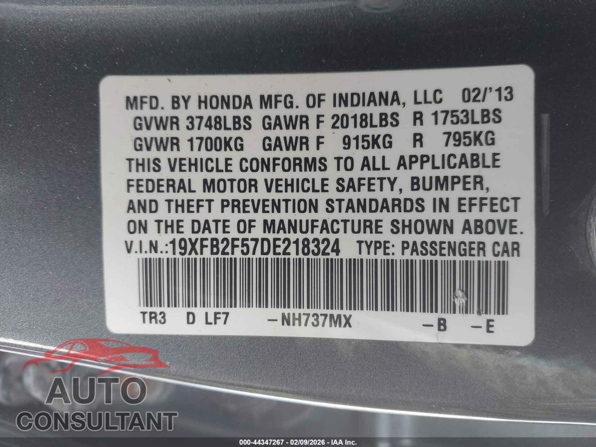 HONDA CIVIC 2013 - 19XFB2F57DE218324