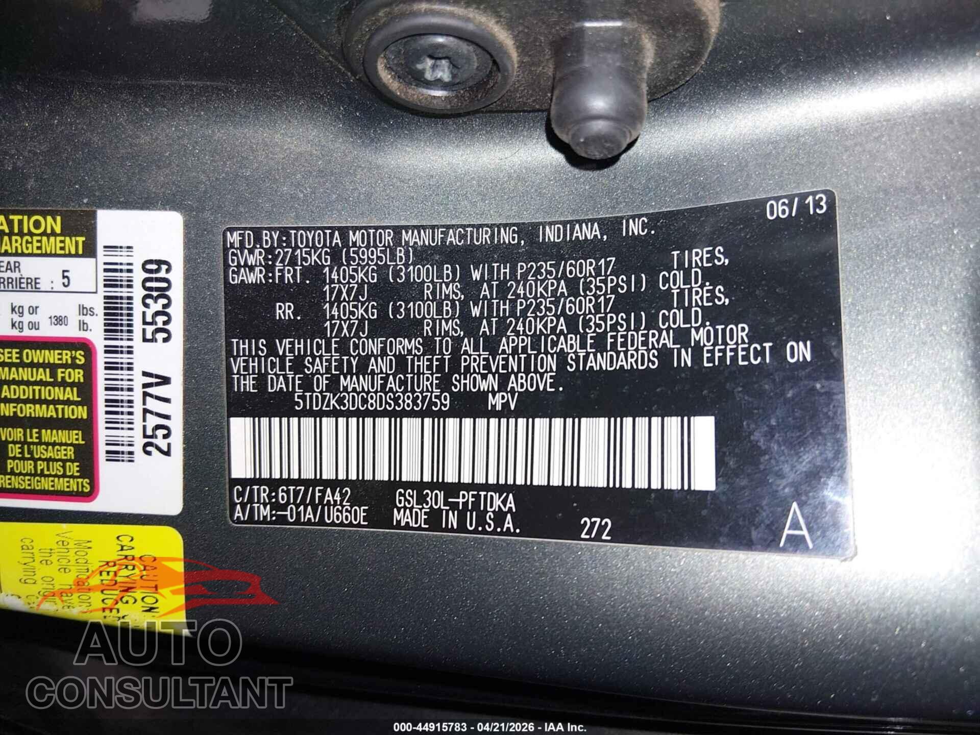TOYOTA SIENNA 2013 - 5TDZK3DC8DS383759