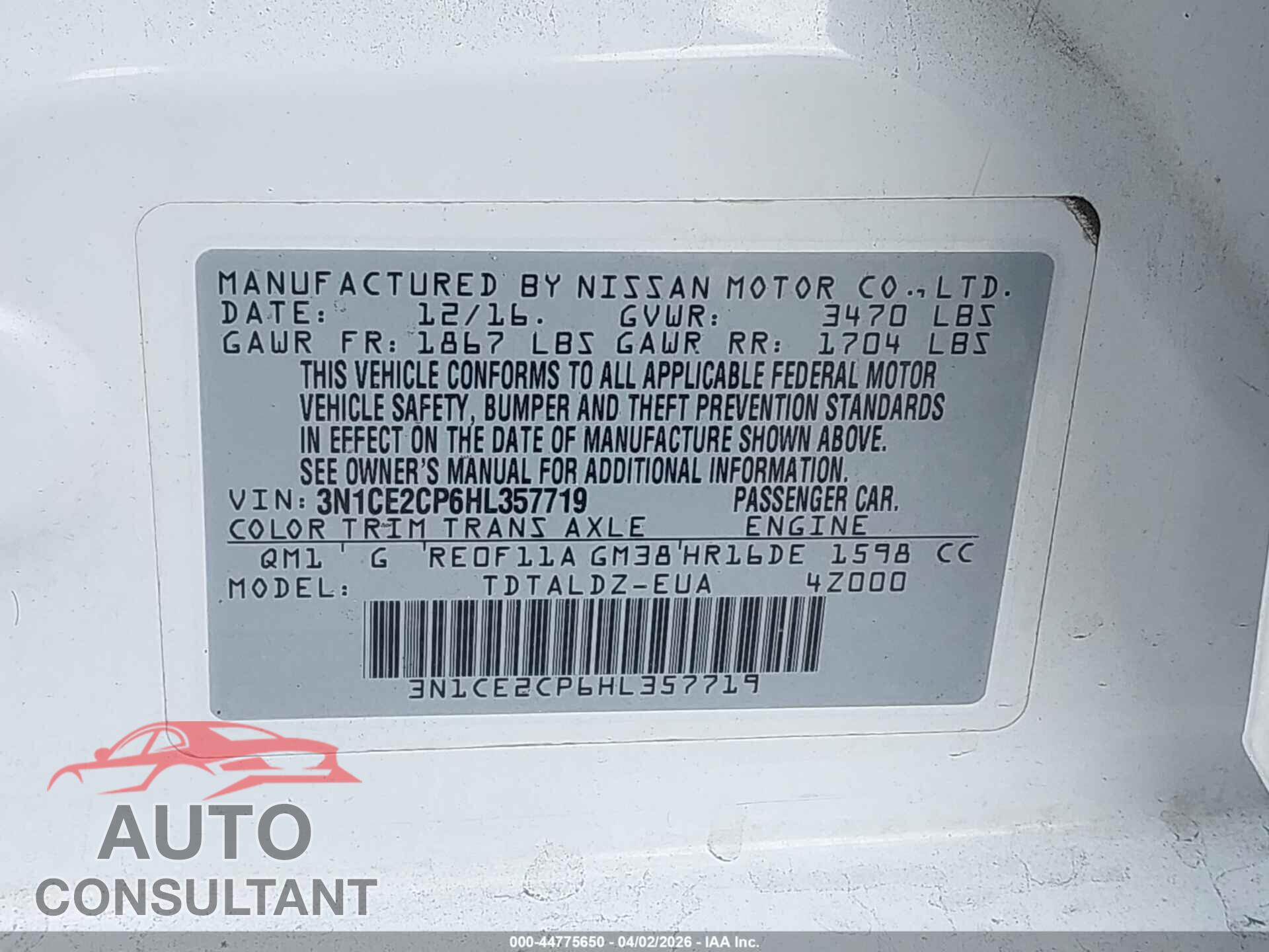 NISSAN VERSA NOTE 2017 - 3N1CE2CP6HL357719