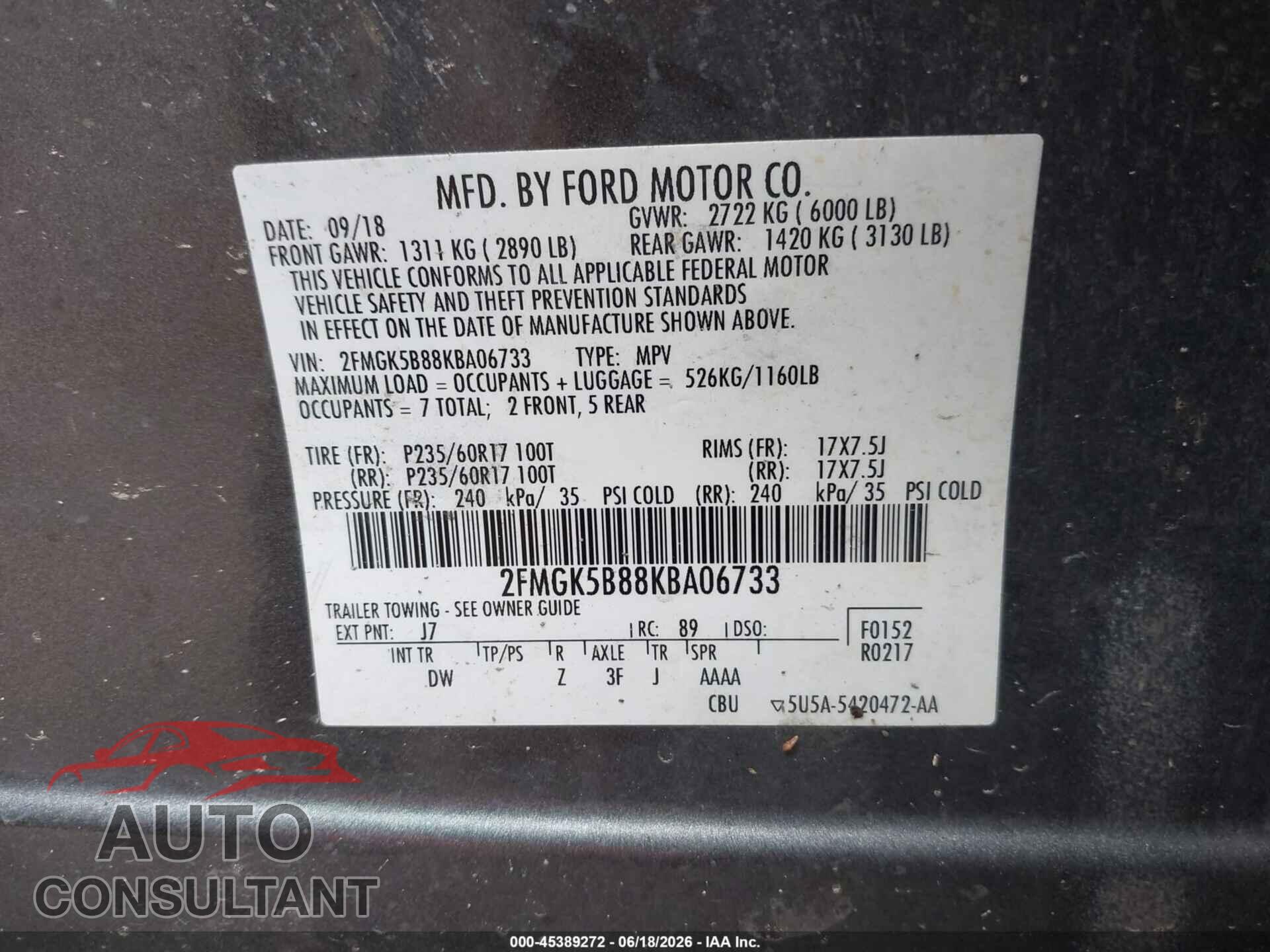 FORD FLEX 2019 - 2FMGK5B88KBA06733