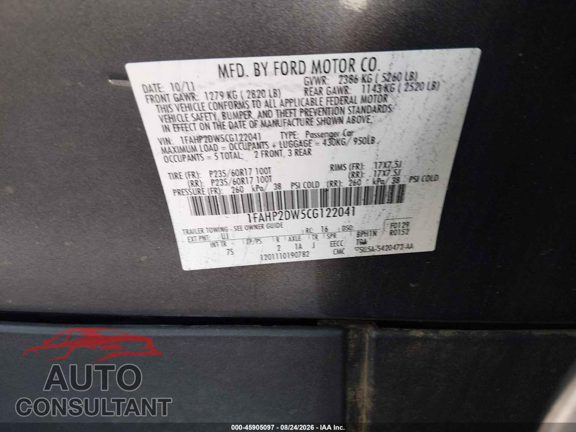 FORD TAURUS 2012 - 1FAHP2DW5CG122041