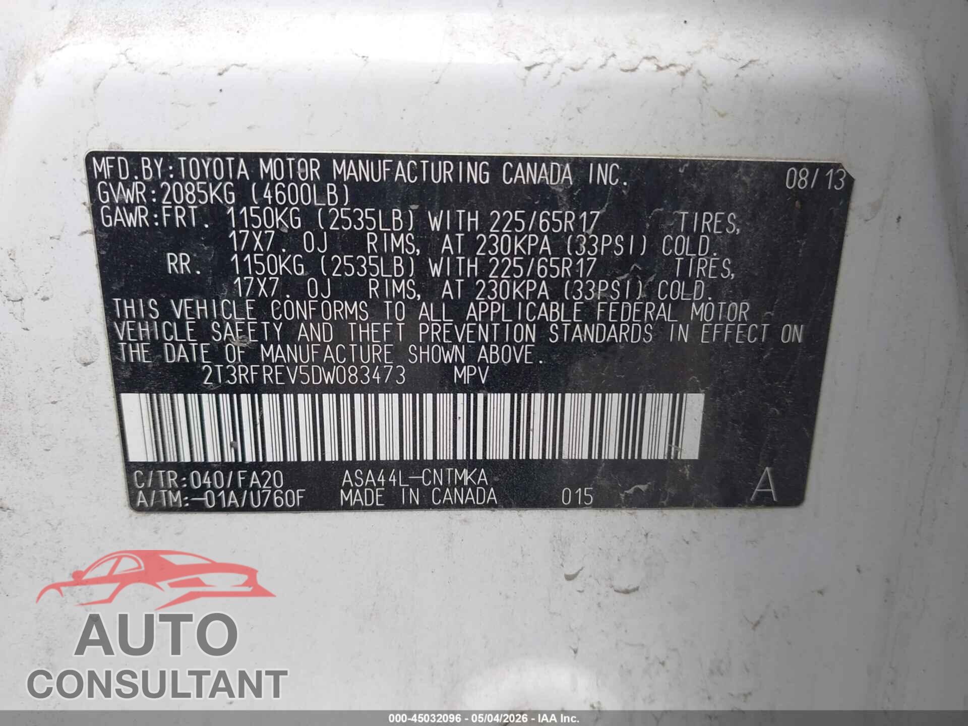 TOYOTA RAV4 2013 - 2T3RFREV5DW083473