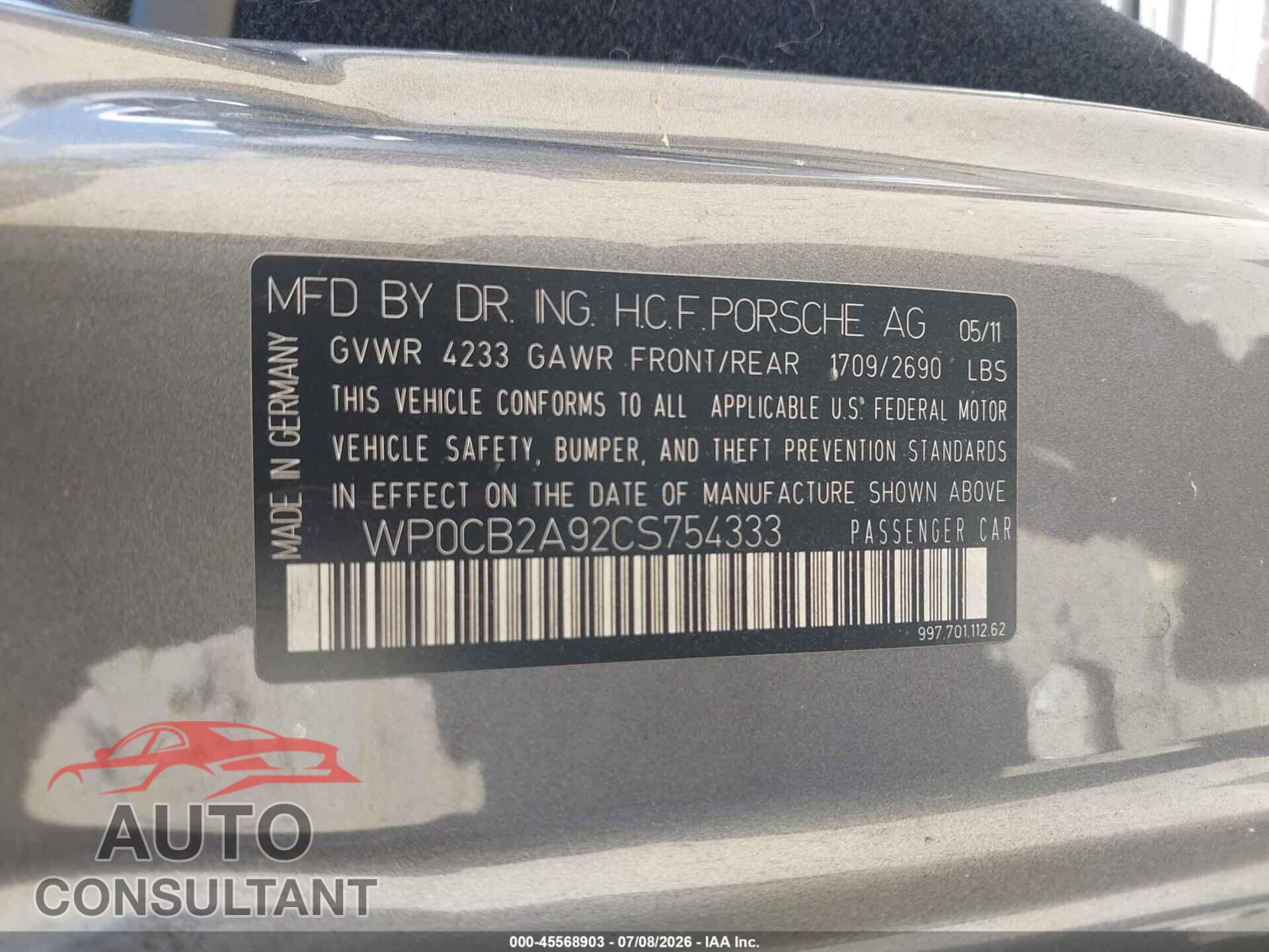 PORSCHE 911 2012 - WP0CB2A92CS754333