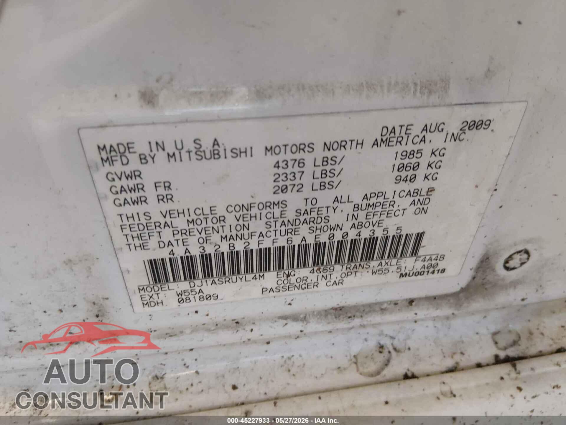 MITSUBISHI GALANT 2010 - 4A32B2FF6AE004355