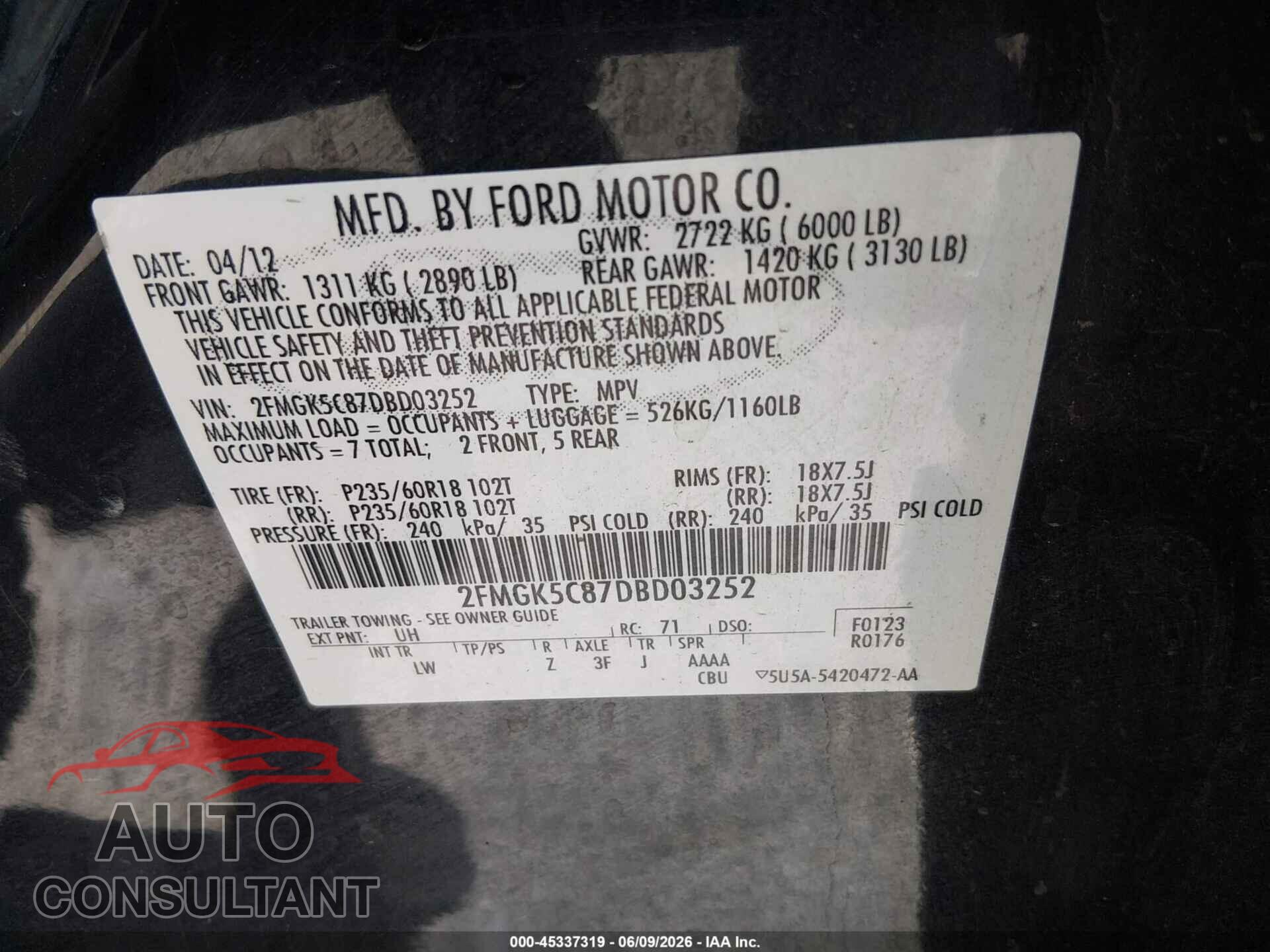 FORD FLEX 2013 - 2FMGK5C87DBD03252