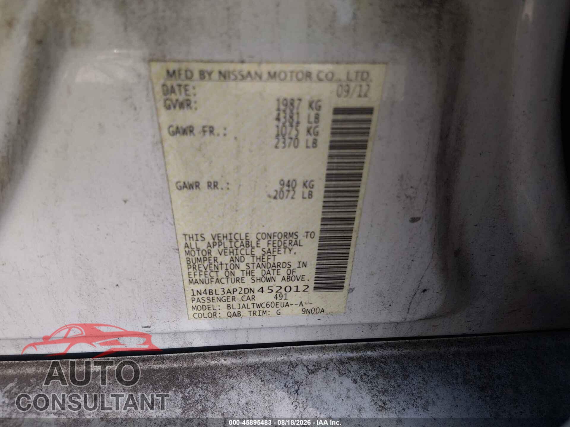 NISSAN ALTIMA 2013 - 1N4BL3AP2DN452012
