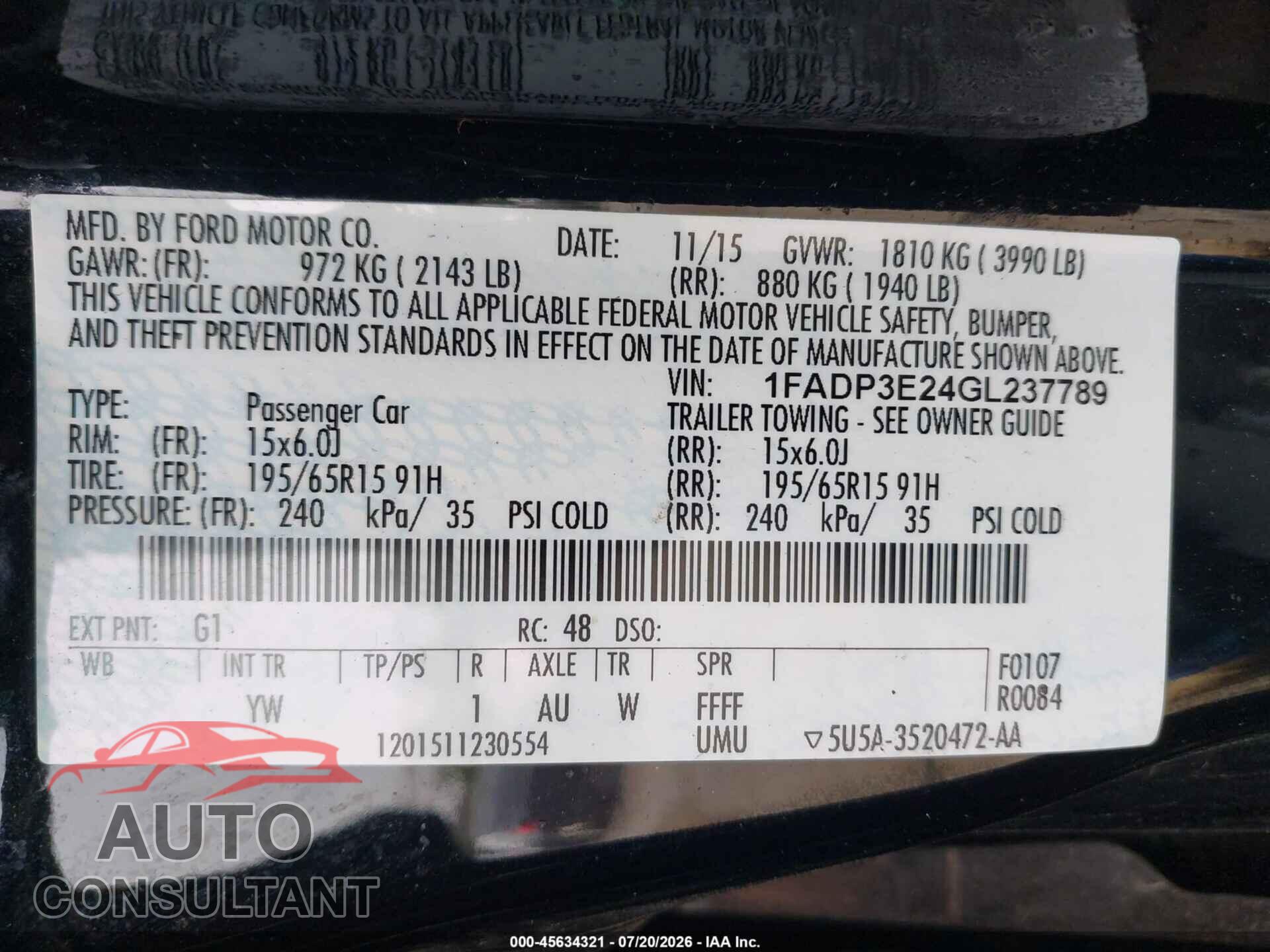 FORD FOCUS 2016 - 1FADP3E24GL237789
