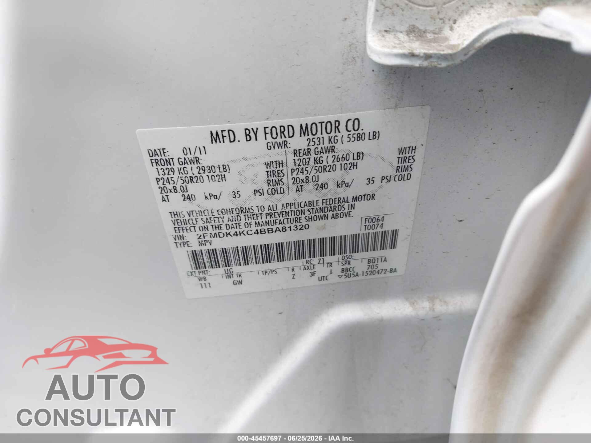 FORD EDGE 2011 - 2FMDK4KC4BBA81320