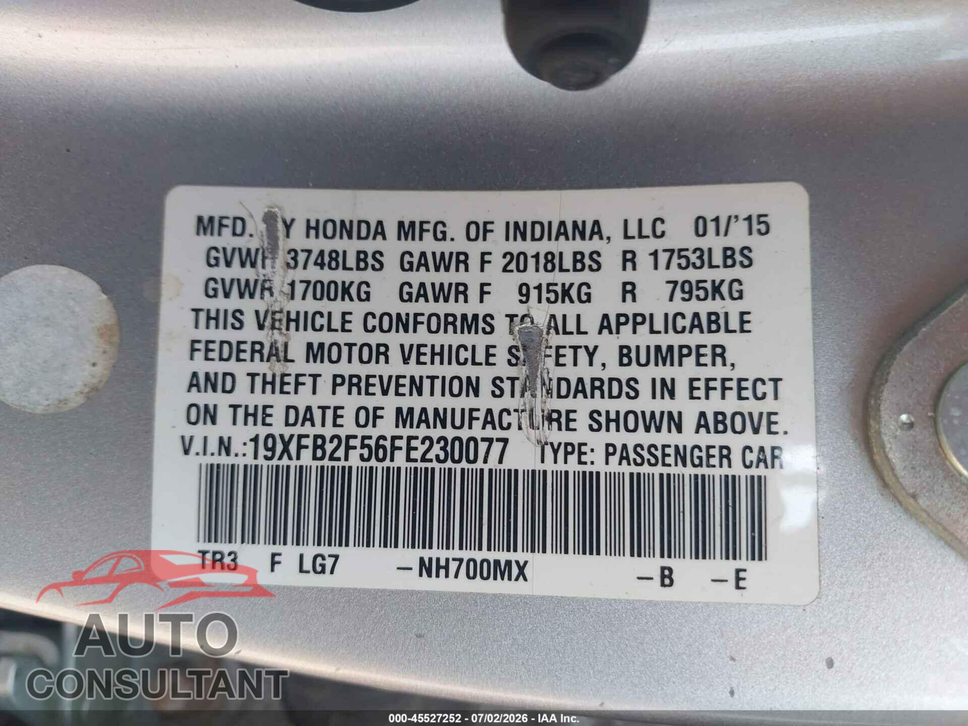 HONDA CIVIC 2015 - 19XFB2F56FE230077