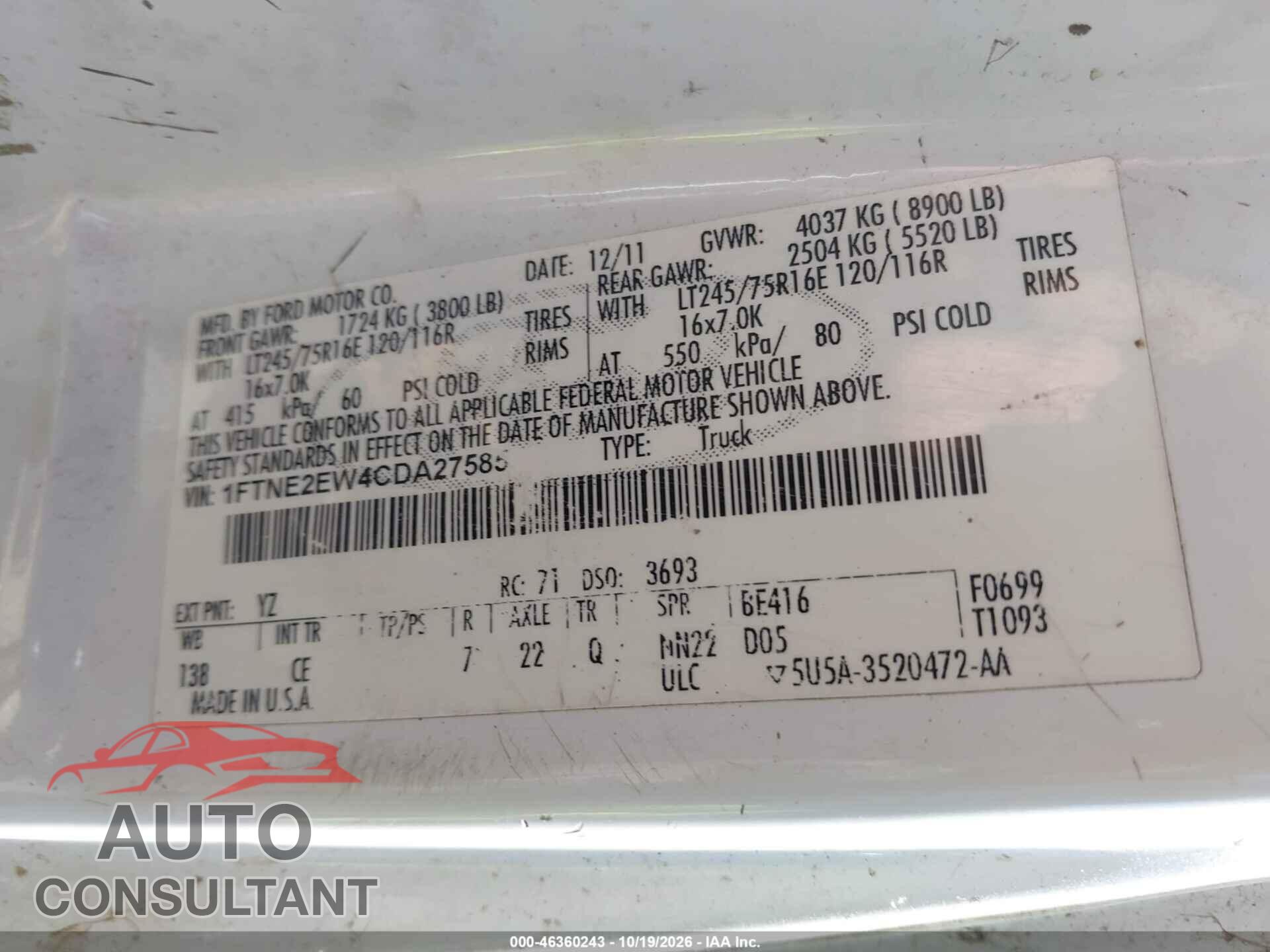 FORD E-250 2012 - 1FTNE2EW4CDA27585