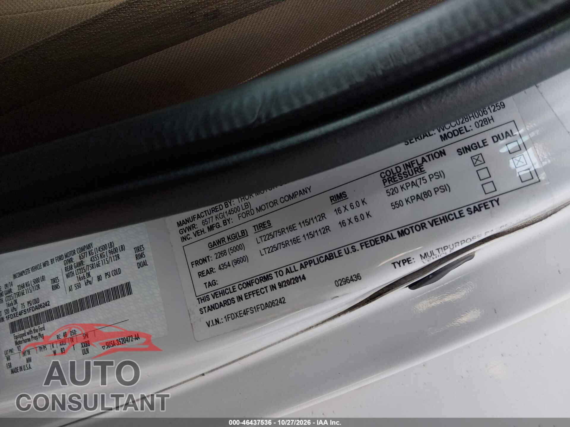FORD E-450 CUTAWAY 2015 - 1FDXE4FS1FDA06242