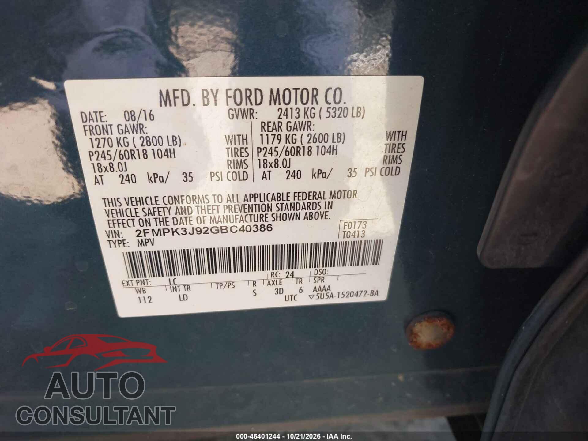 FORD EDGE 2016 - 2FMPK3J92GBC40386