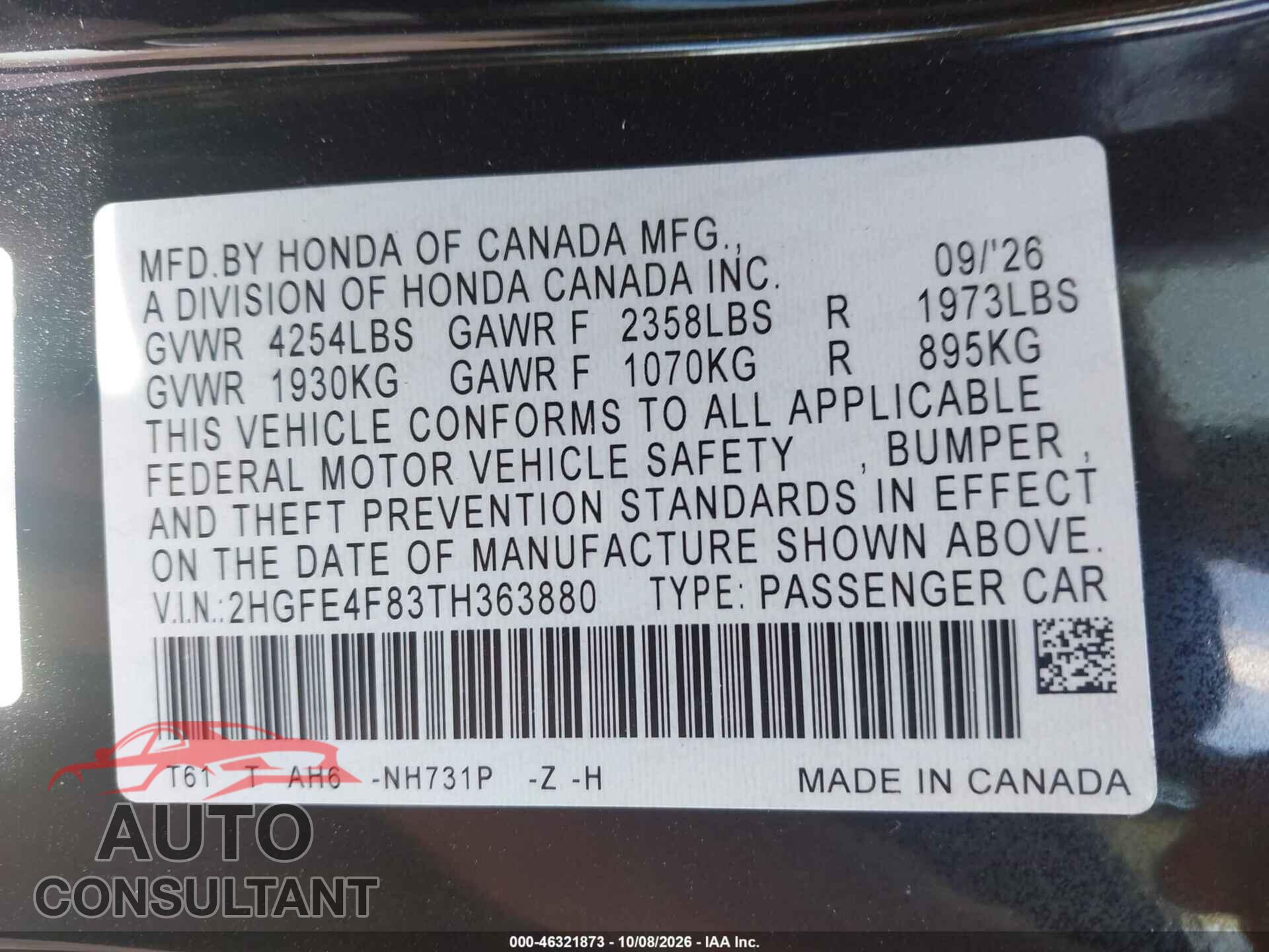 HONDA CIVIC HYBRID 2026 - 2HGFE4F83TH363880