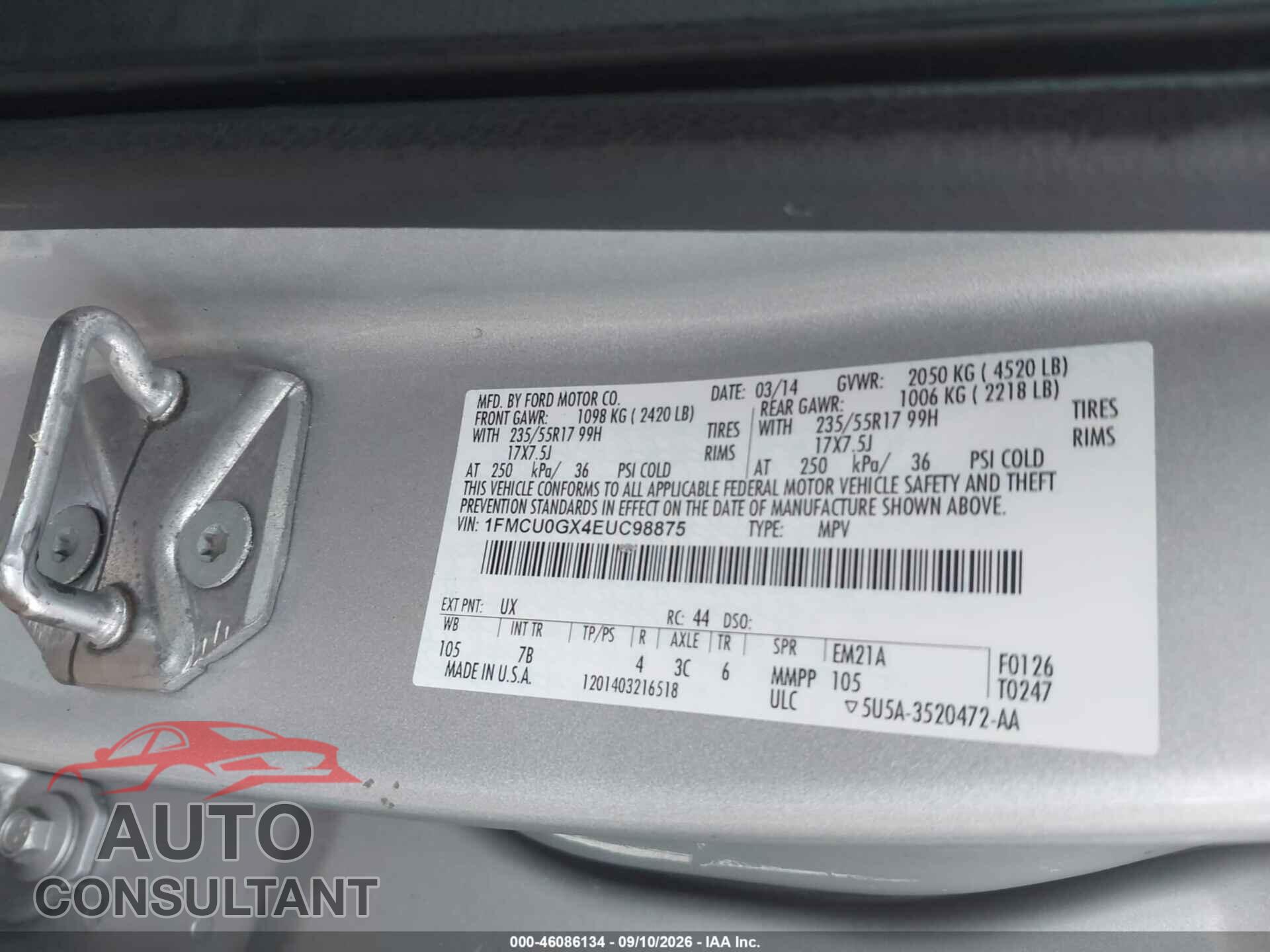 FORD ESCAPE 2014 - 1FMCU0GX4EUC98875