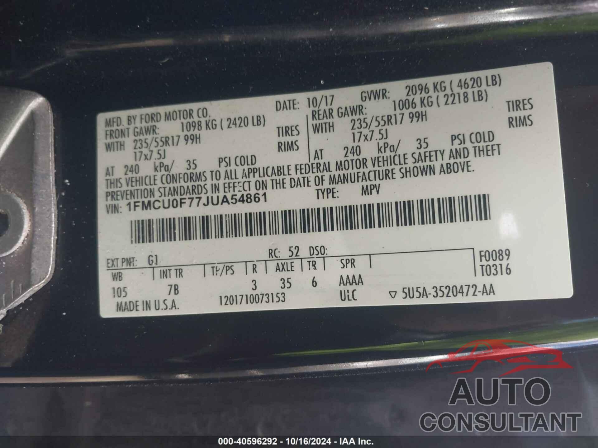 FORD ESCAPE 2018 - 1FMCU0F77JUA54861