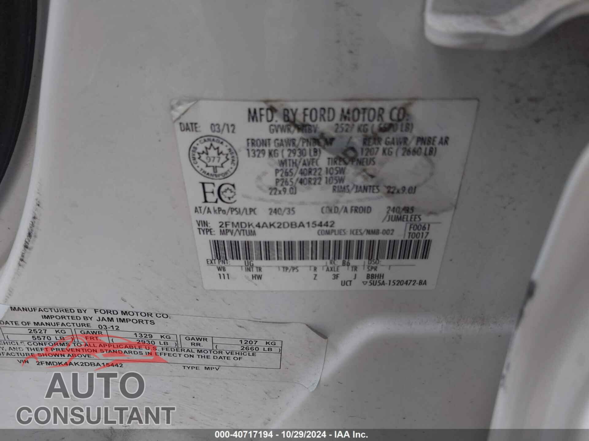 FORD EDGE 2013 - 2FMDK4AK2DBA15442