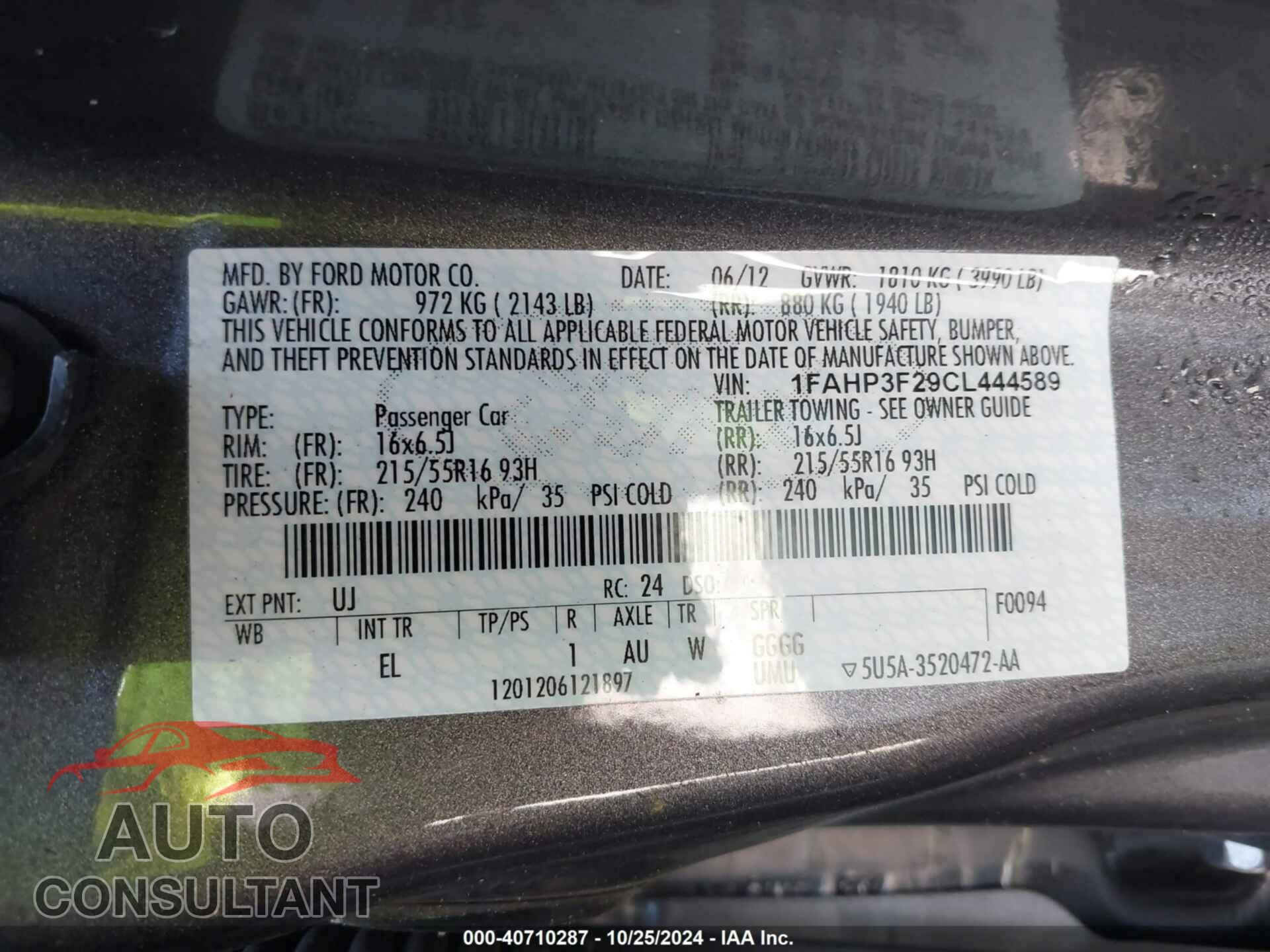 FORD FOCUS 2012 - 1FAHP3F29CL444589