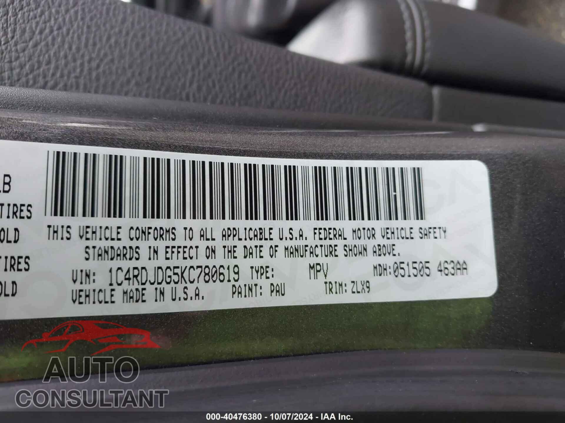 DODGE DURANGO 2019 - 1C4RDJDG5KC780619