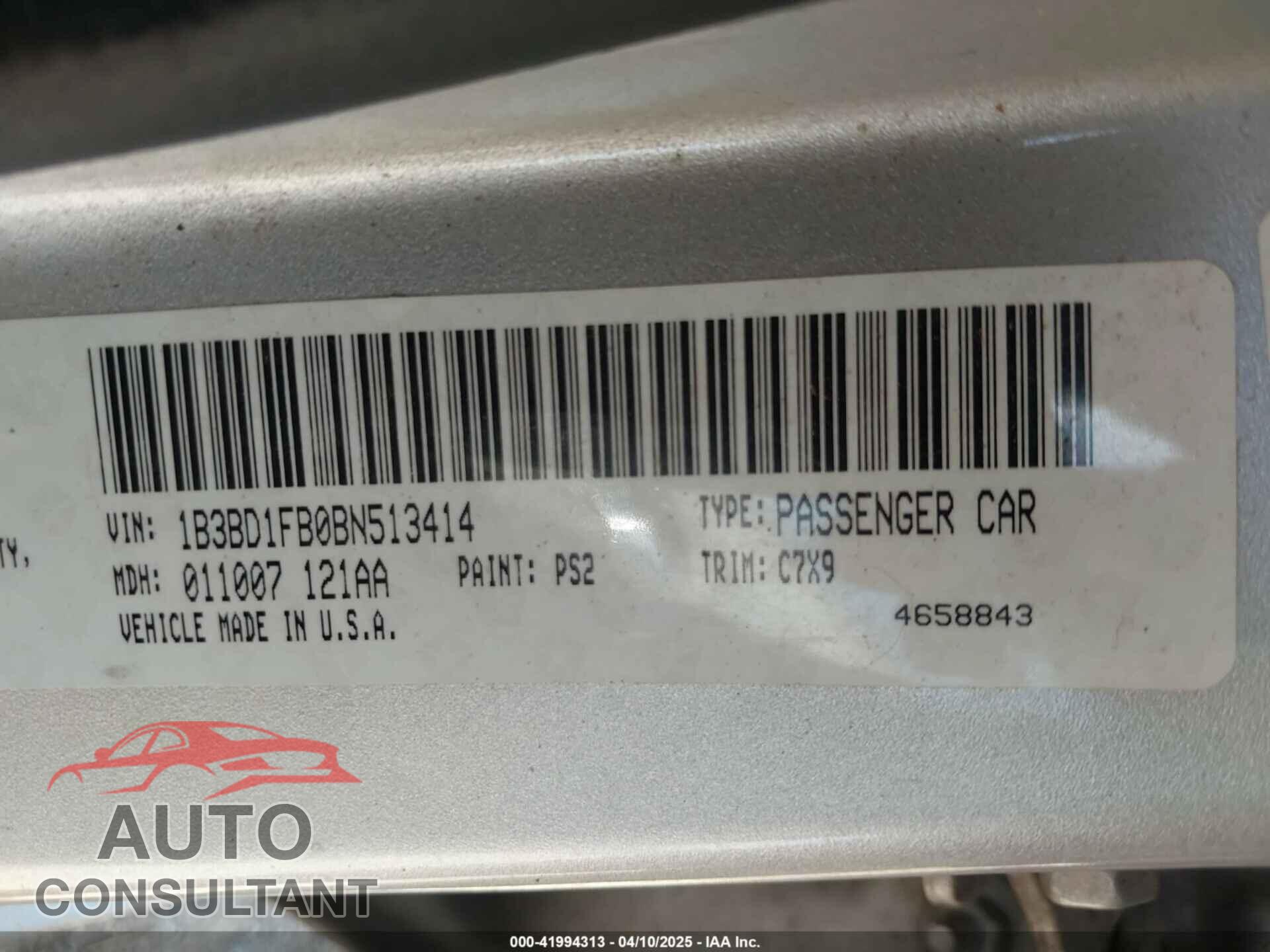 DODGE AVENGER 2011 - 1B3BD1FB0BN513414