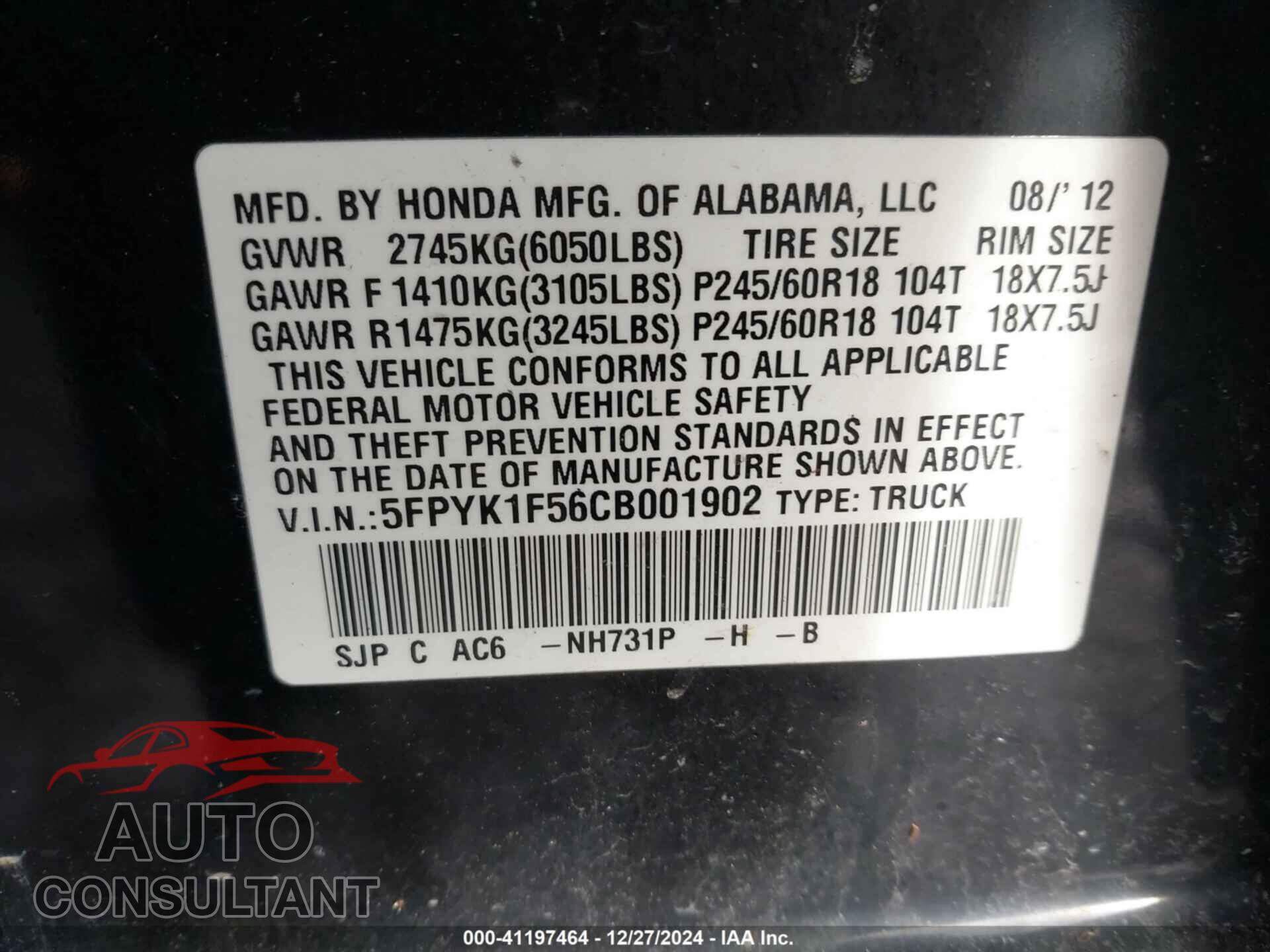 HONDA RIDGELINE 2012 - 5FPYK1F56CB001902