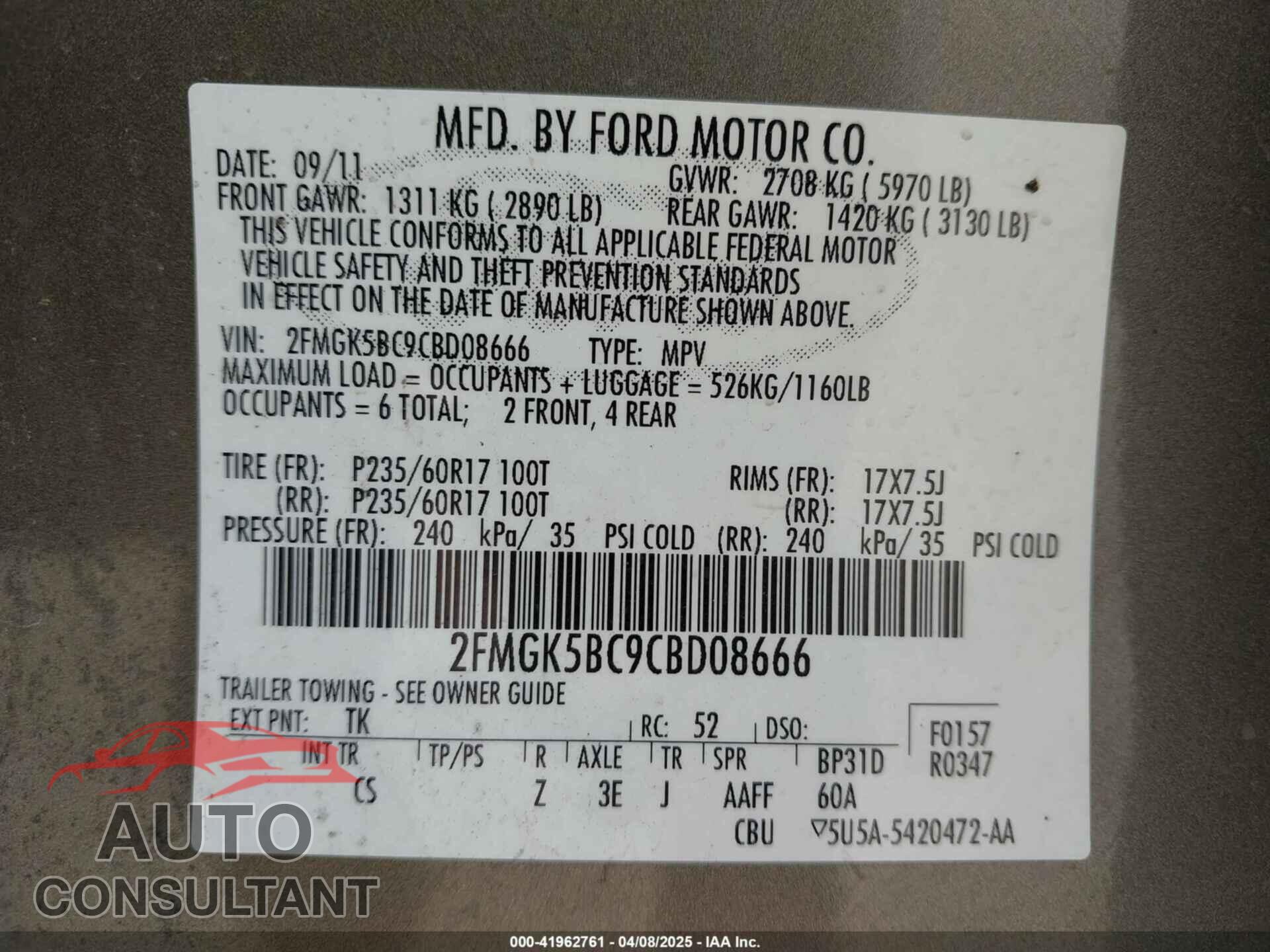 FORD FLEX 2012 - 2FMGK5BC9CBD08666