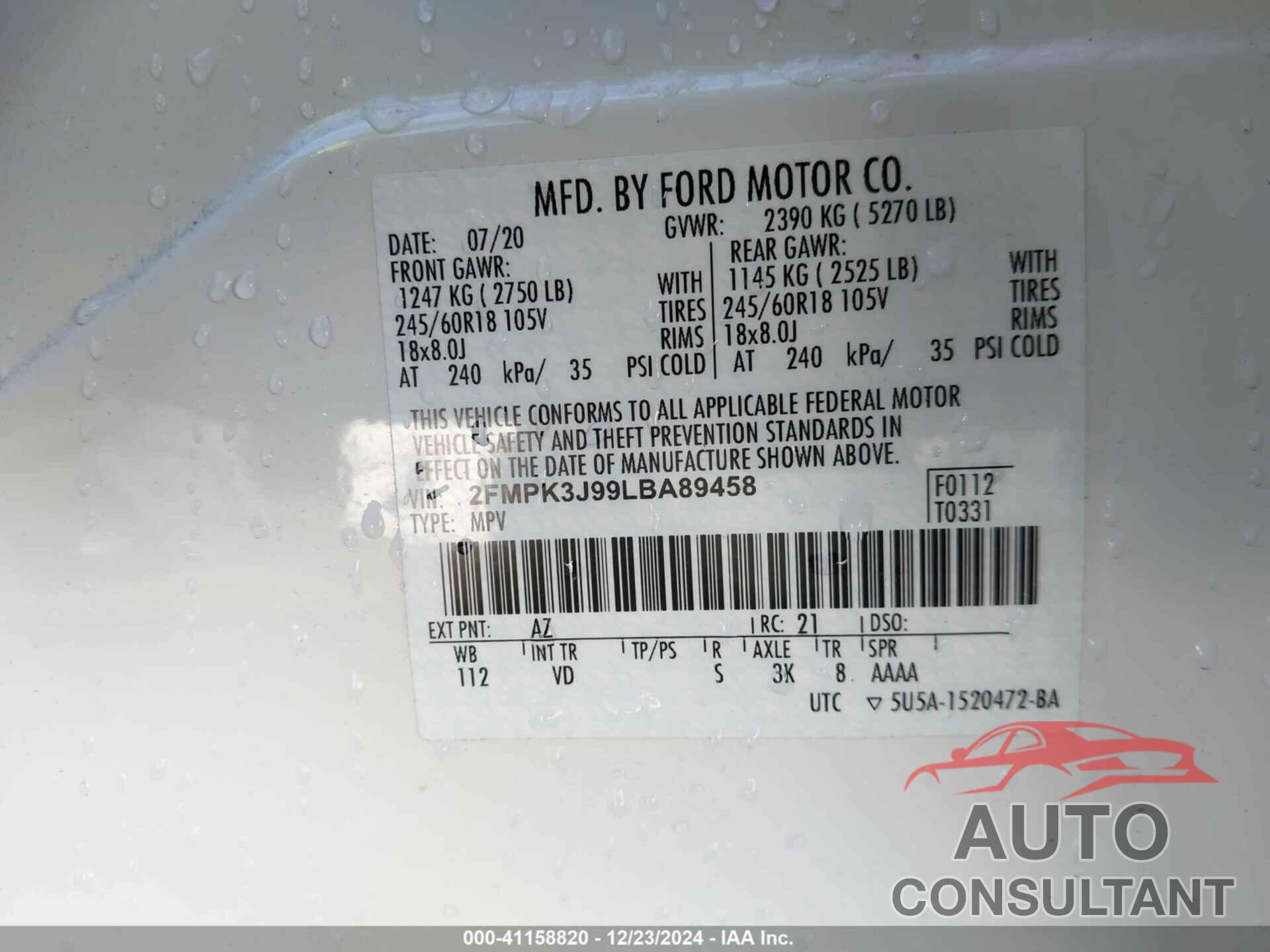 FORD EDGE 2020 - 2FMPK3J99LBA89458