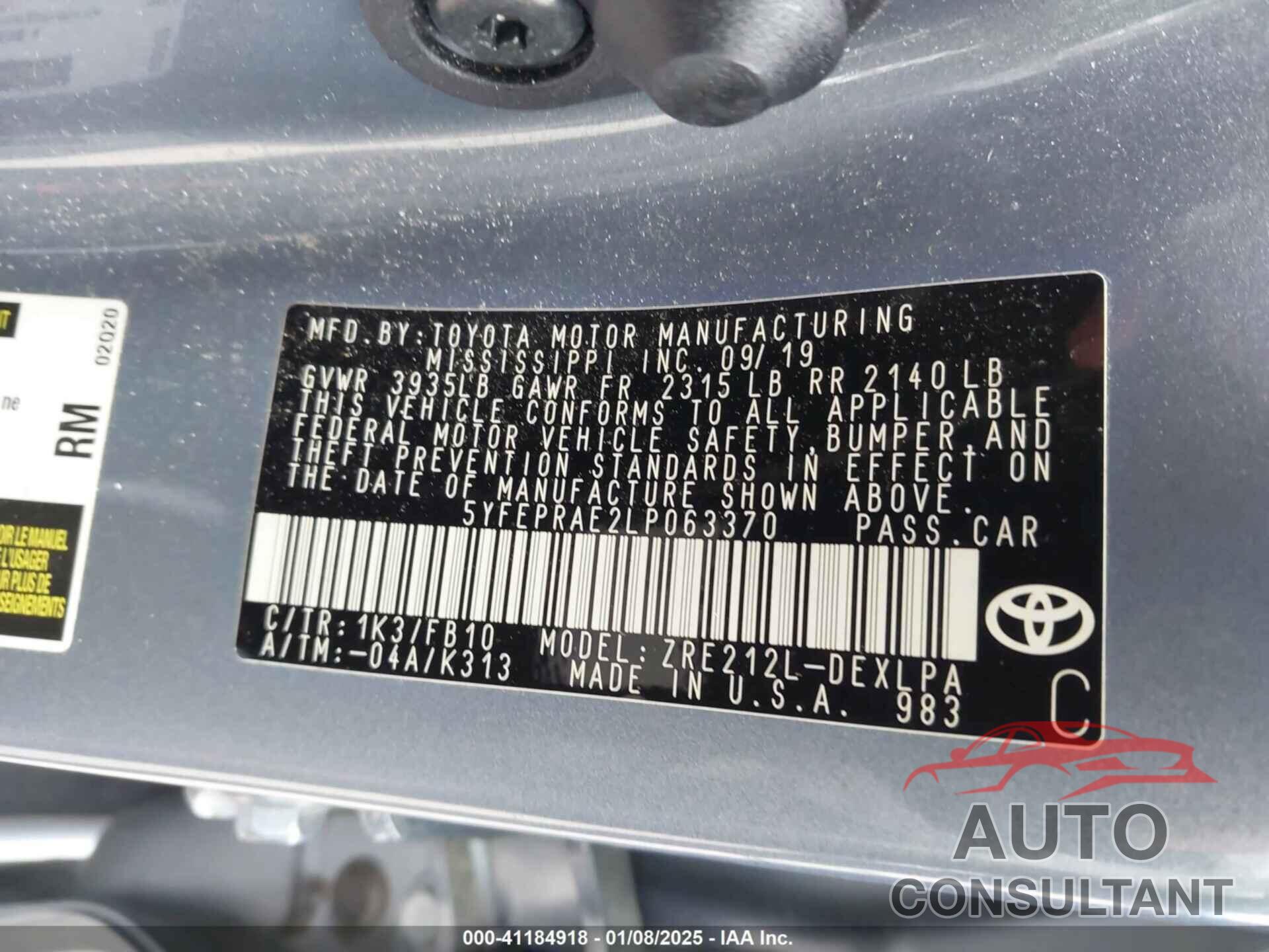 TOYOTA COROLLA 2020 - 5YFEPRAE2LP063370