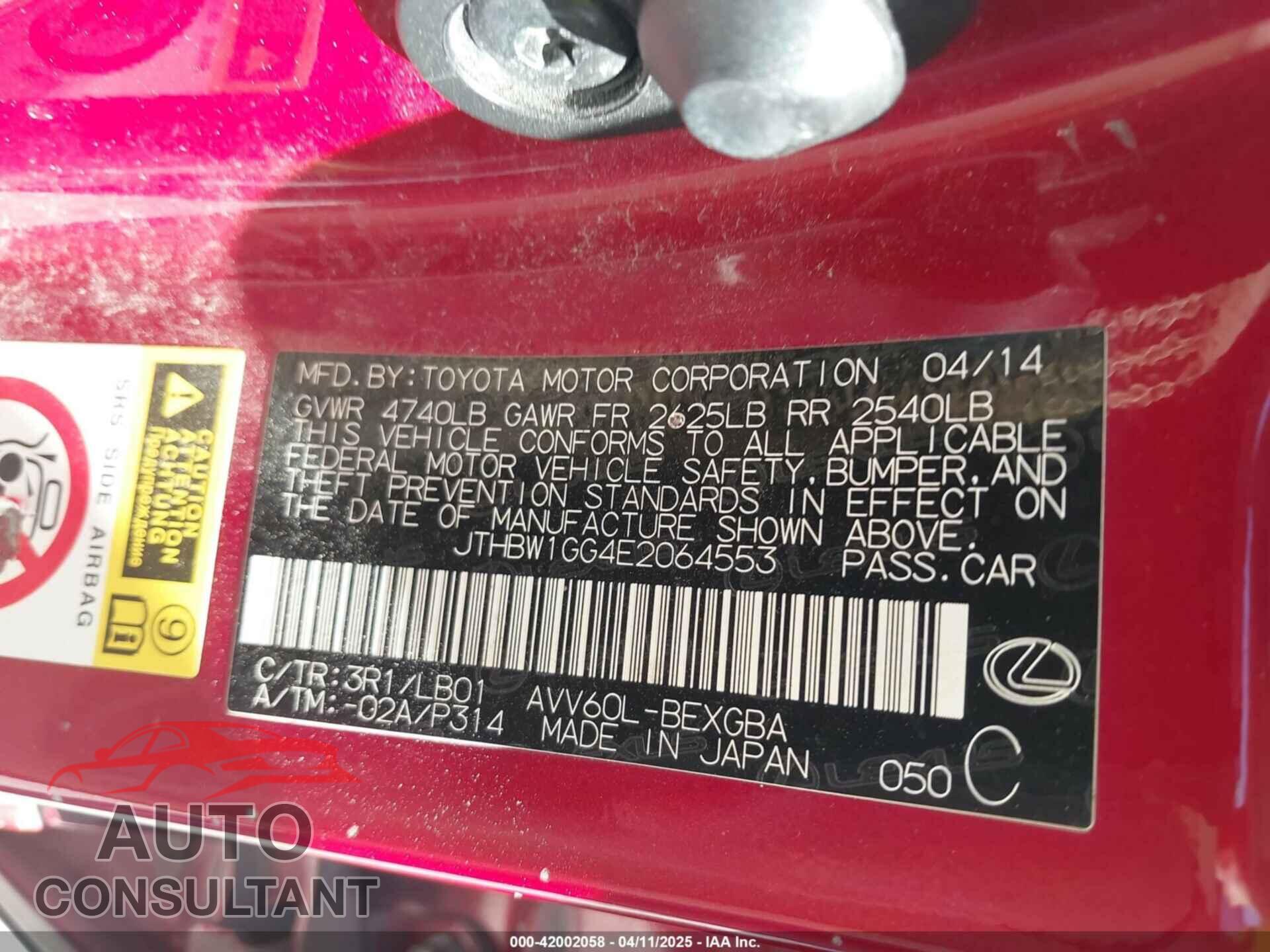 LEXUS ES 300H 2014 - JTHBW1GG4E2064553
