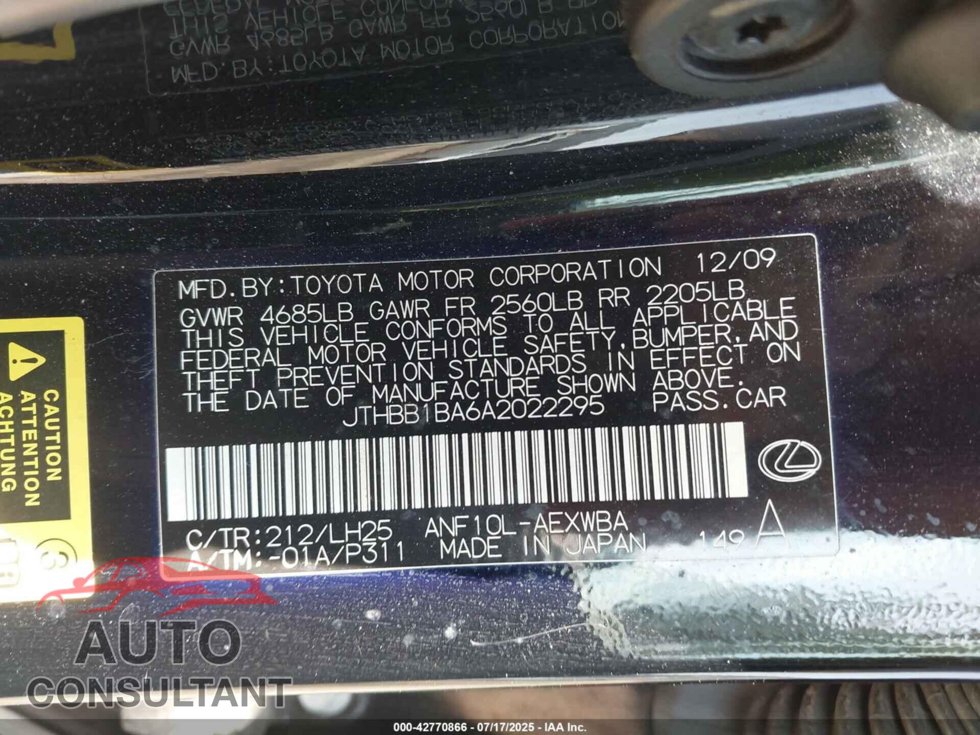 LEXUS HS 250H 2010 - JTHBB1BA6A2022295