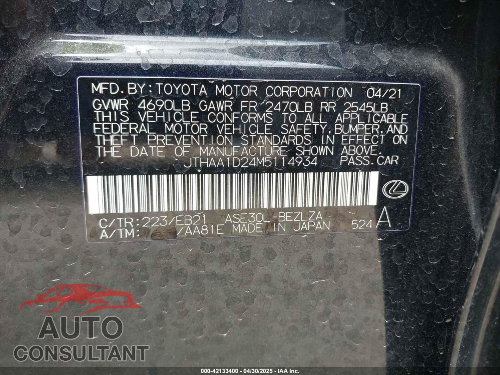 LEXUS IS 300 2021 - JTHAA1D24M5114934