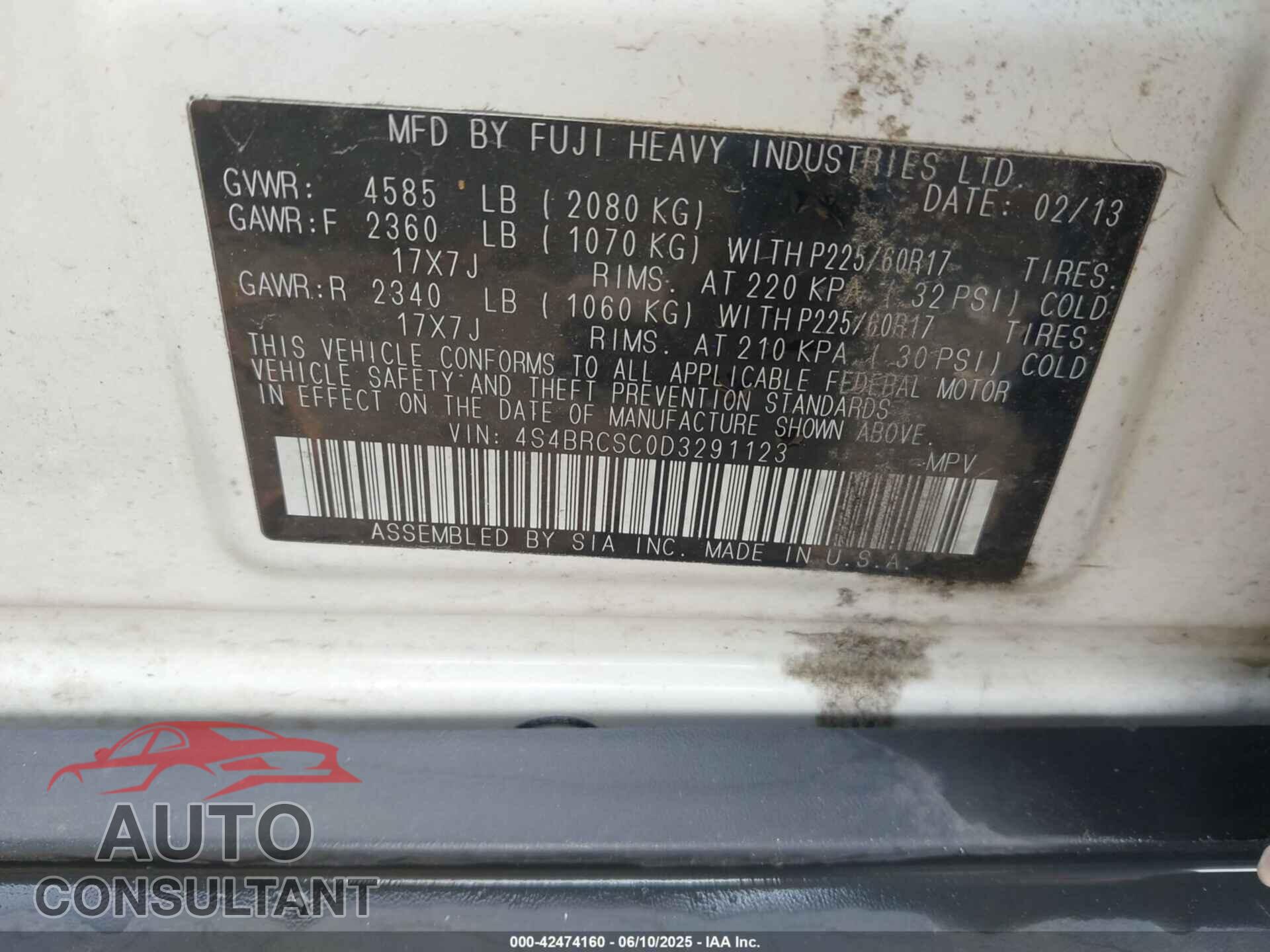 SUBARU OUTBACK 2013 - 4S4BRCSC0D3291123