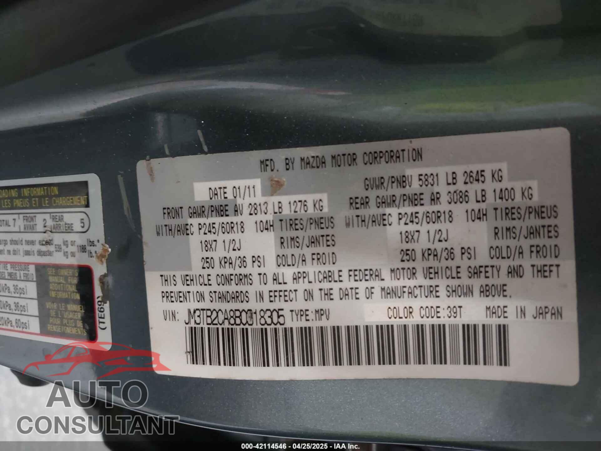 MAZDA CX-9 2011 - JM3TB2CA8B0318305