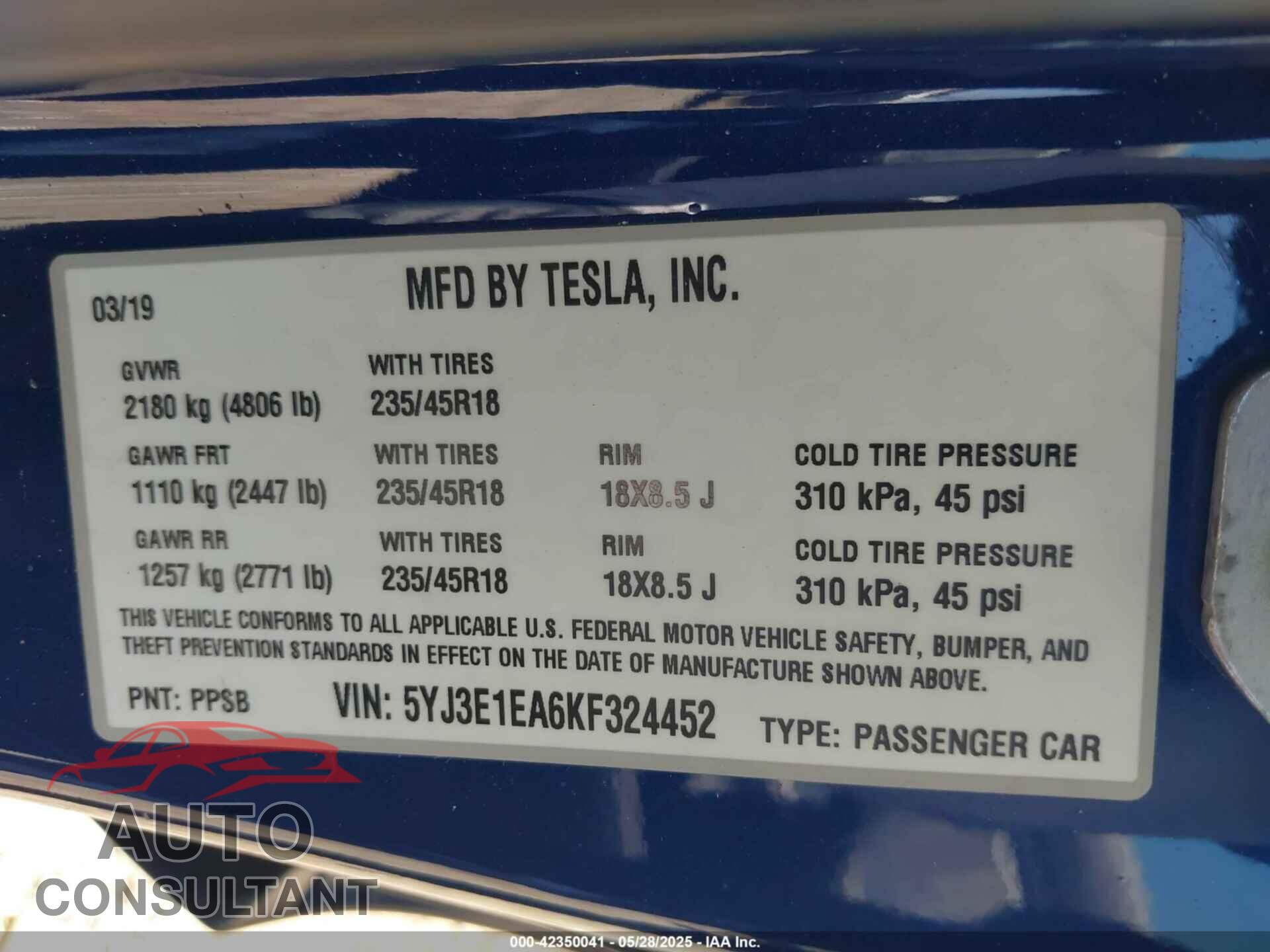 TESLA MODEL 3 2019 - 5YJ3E1EA6KF324452