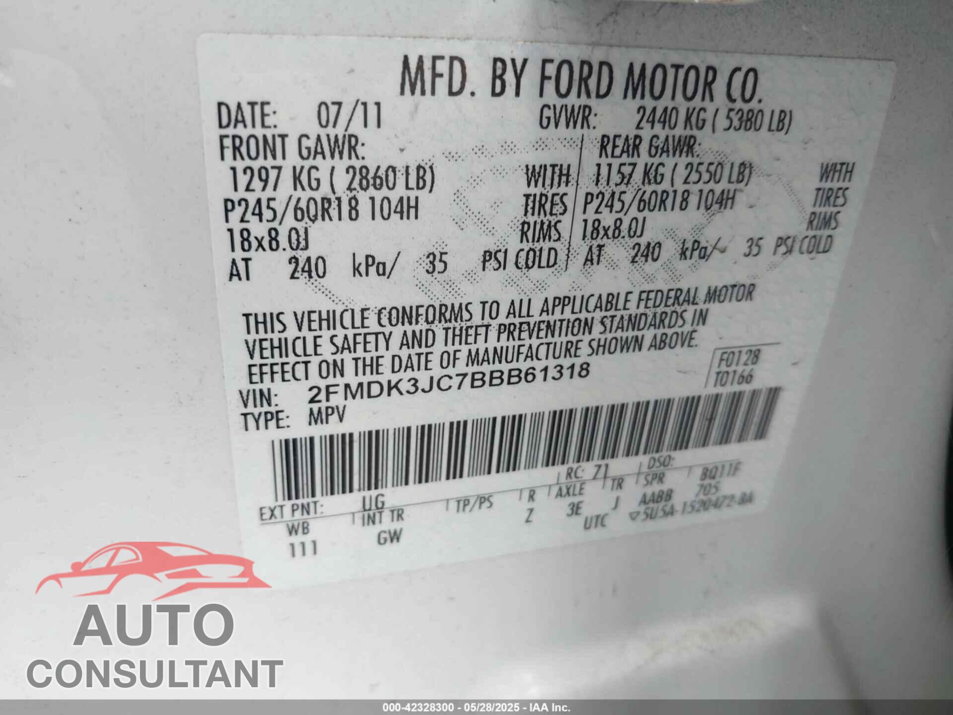FORD EDGE 2011 - 2FMDK3JC7BBB61318