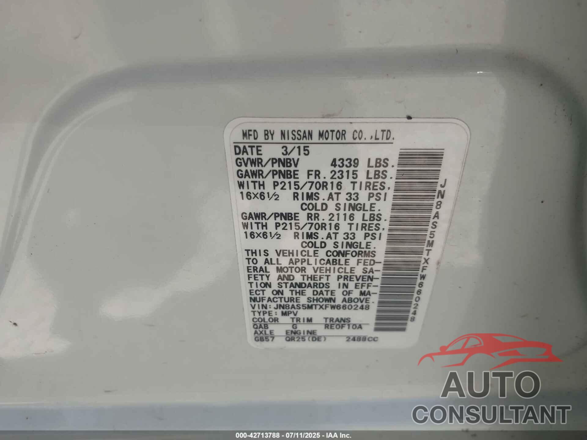 NISSAN ROGUE SELECT 2015 - JN8AS5MTXFW660248