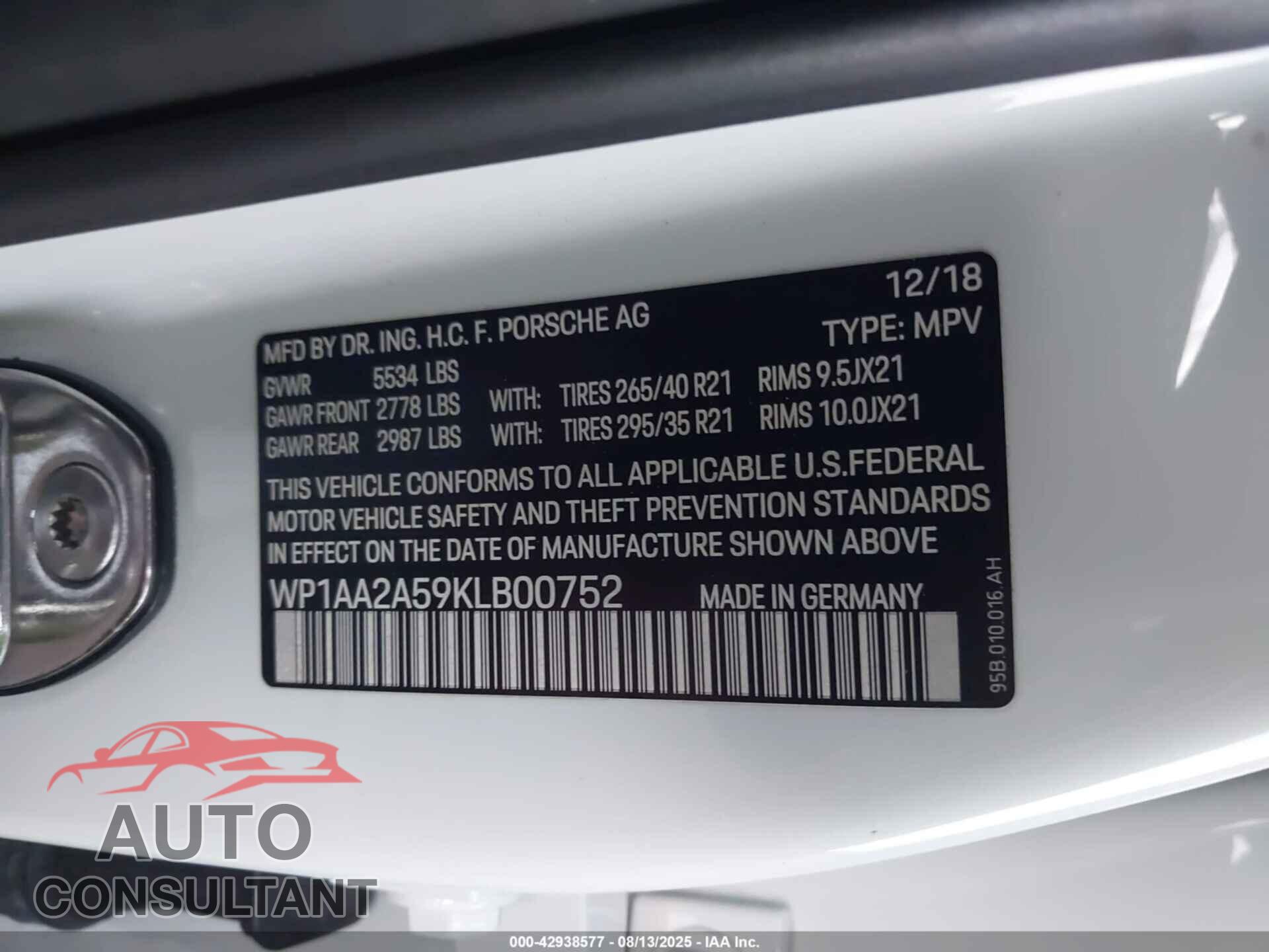 PORSCHE MACAN 2019 - WP1AA2A59KLB00752