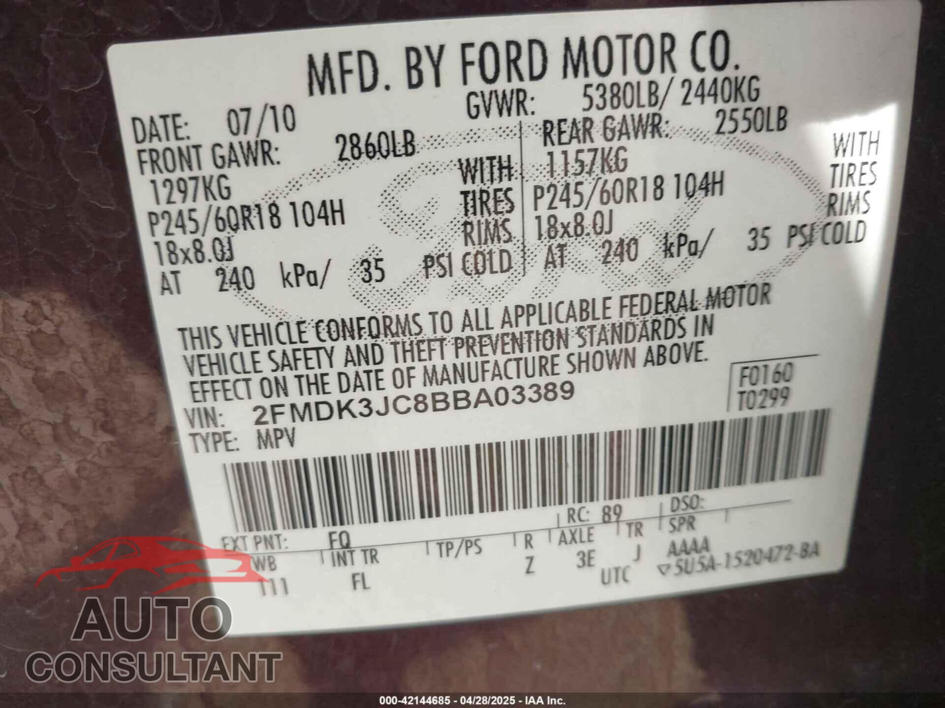 FORD EDGE 2011 - 2FMDK3JC8BBA03389
