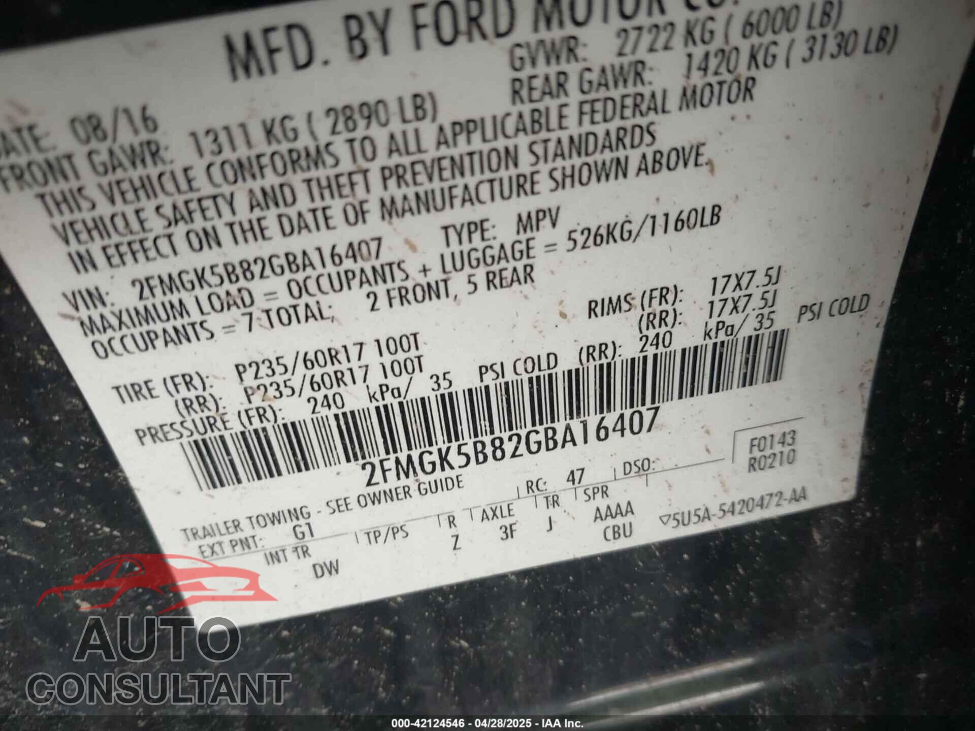 FORD FLEX 2016 - 2FMGK5B82GBA16407