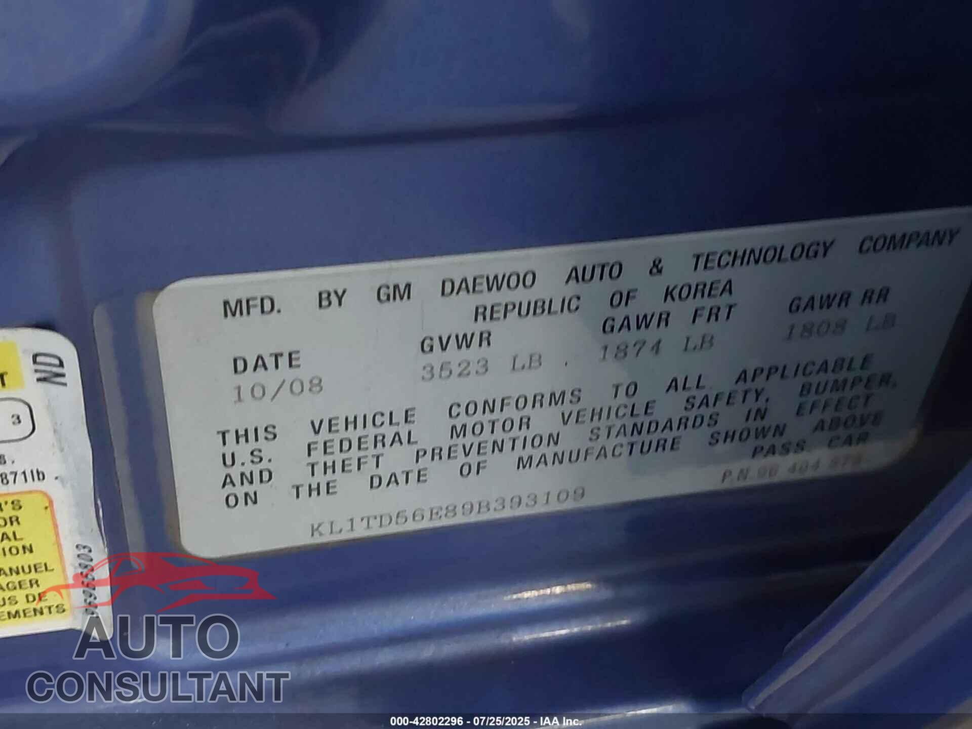 CHEVROLET AVEO 2009 - KL1TD56E89B393109