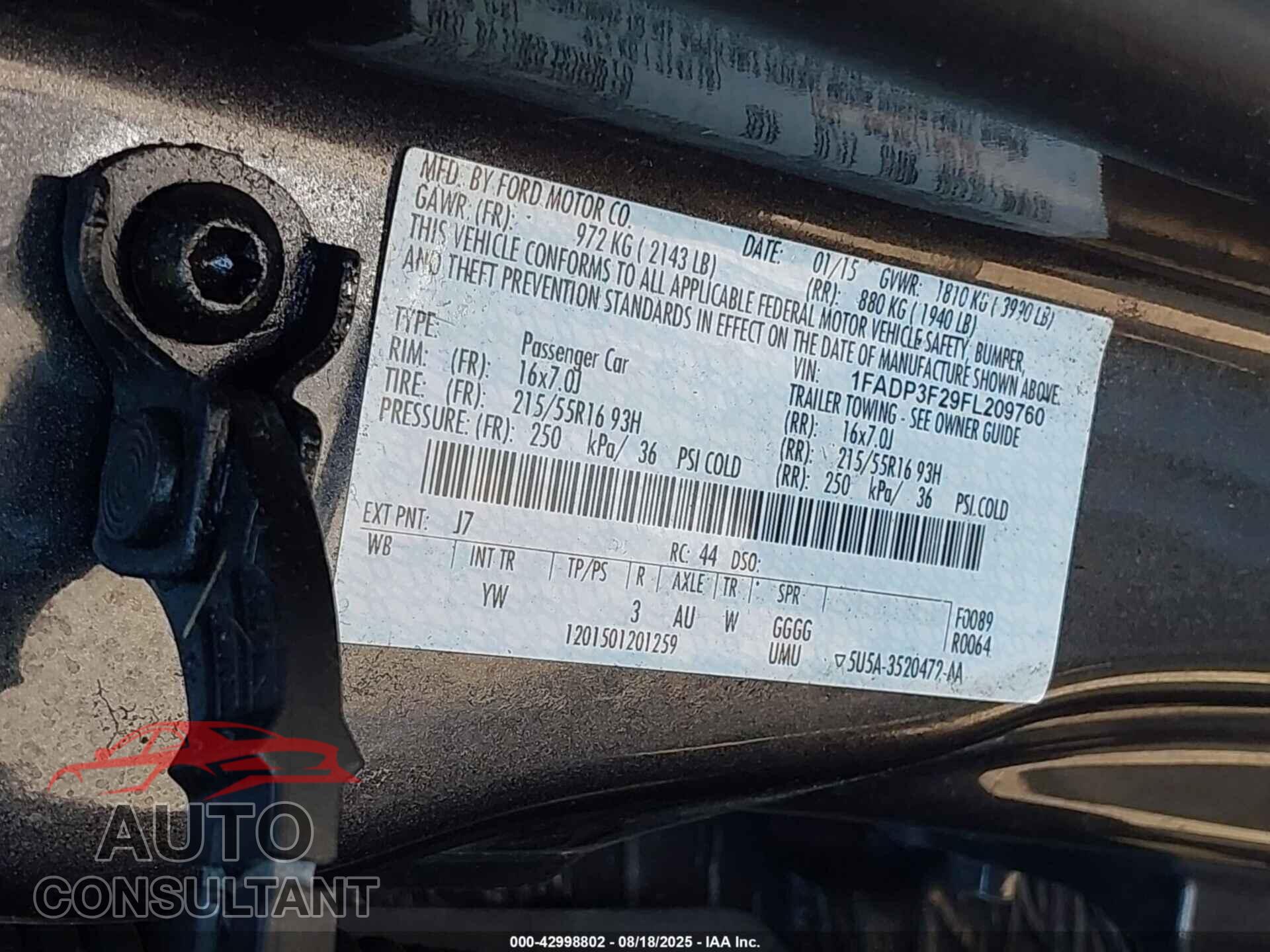 FORD FOCUS 2015 - 1FADP3F29FL209760